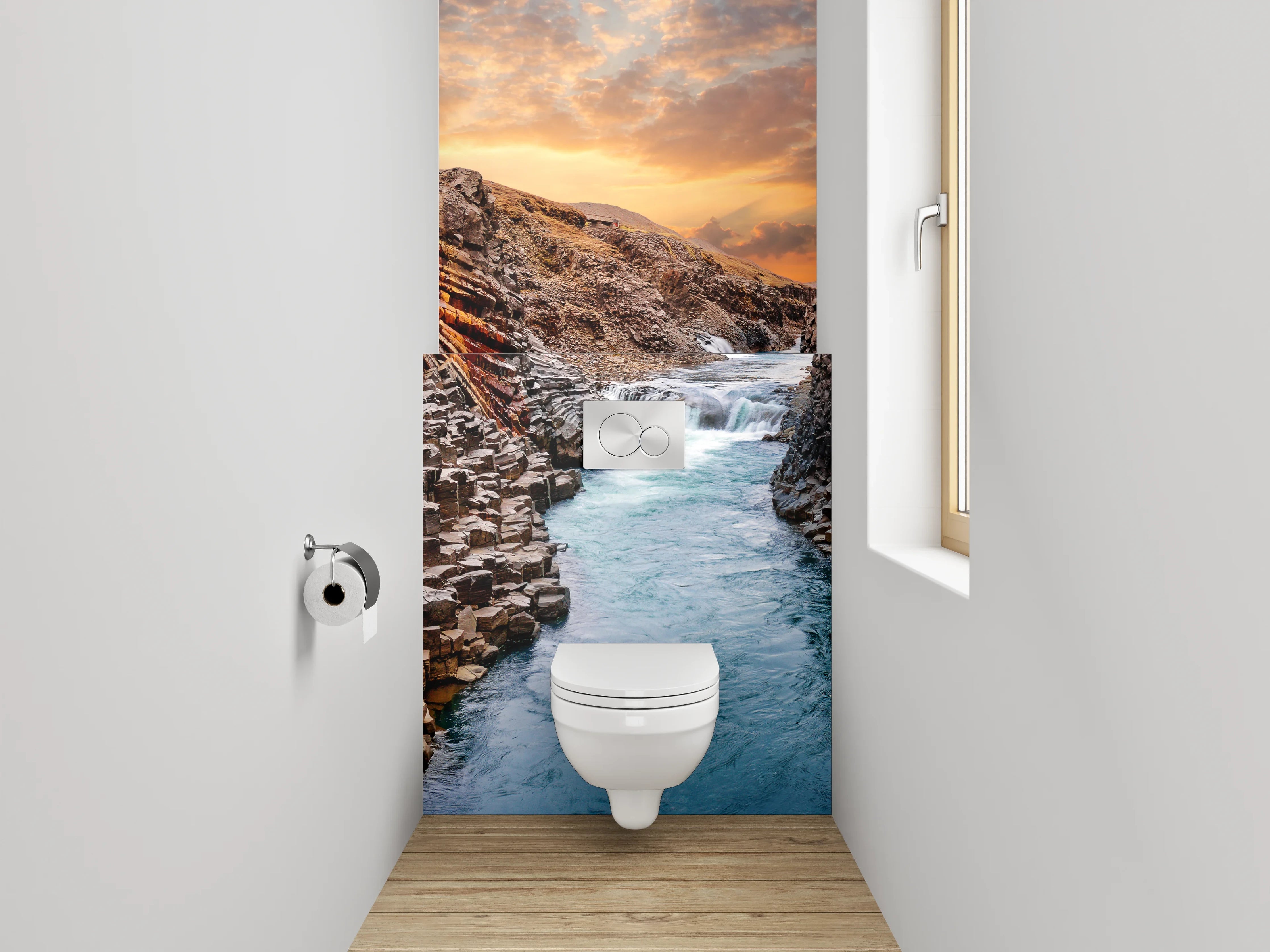 WC-Rückwand - Basalt-Schlucht mit Flusslandschaft