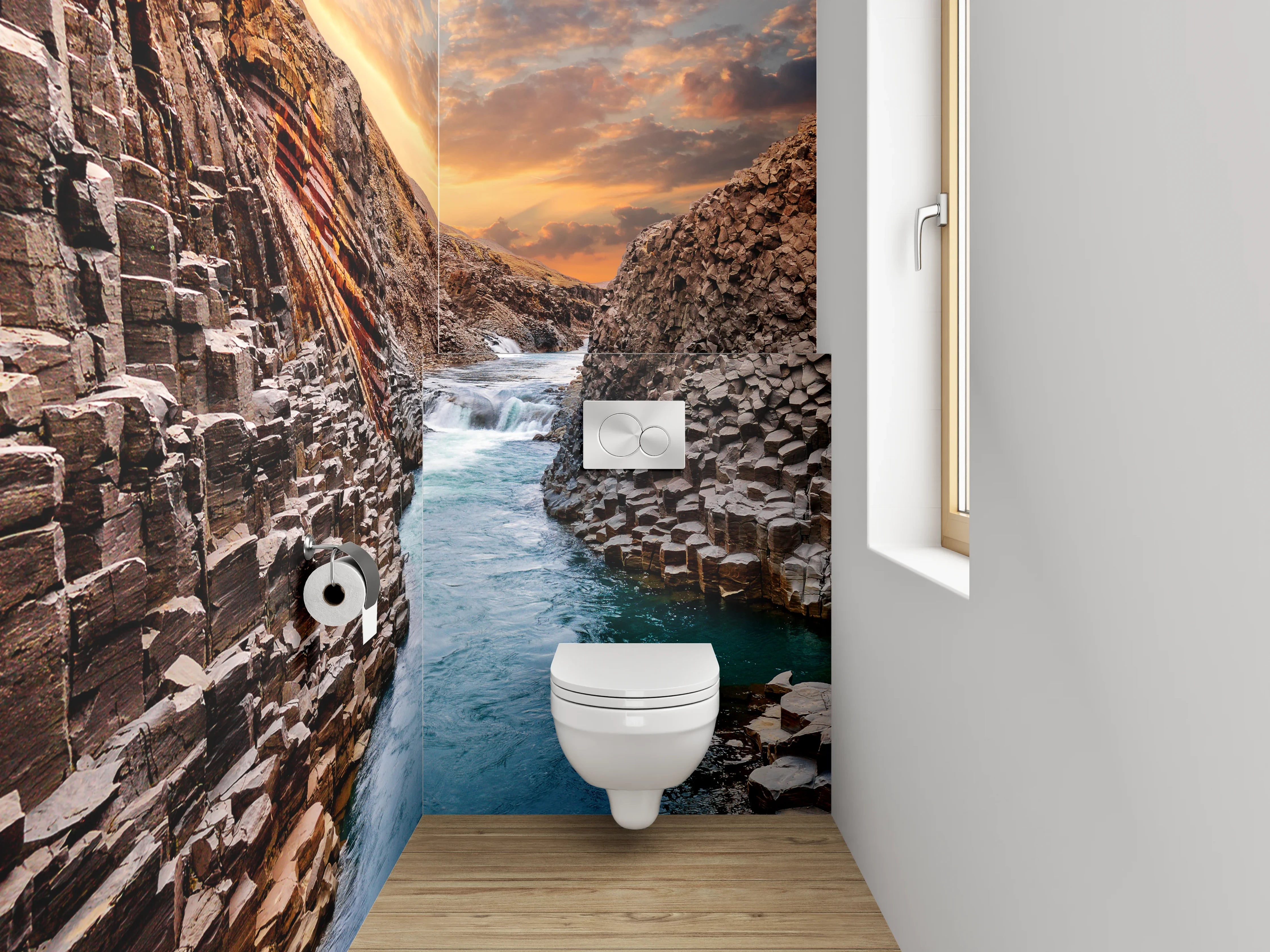 WC-Rückwand - Basalt-Schlucht mit Flusslandschaft