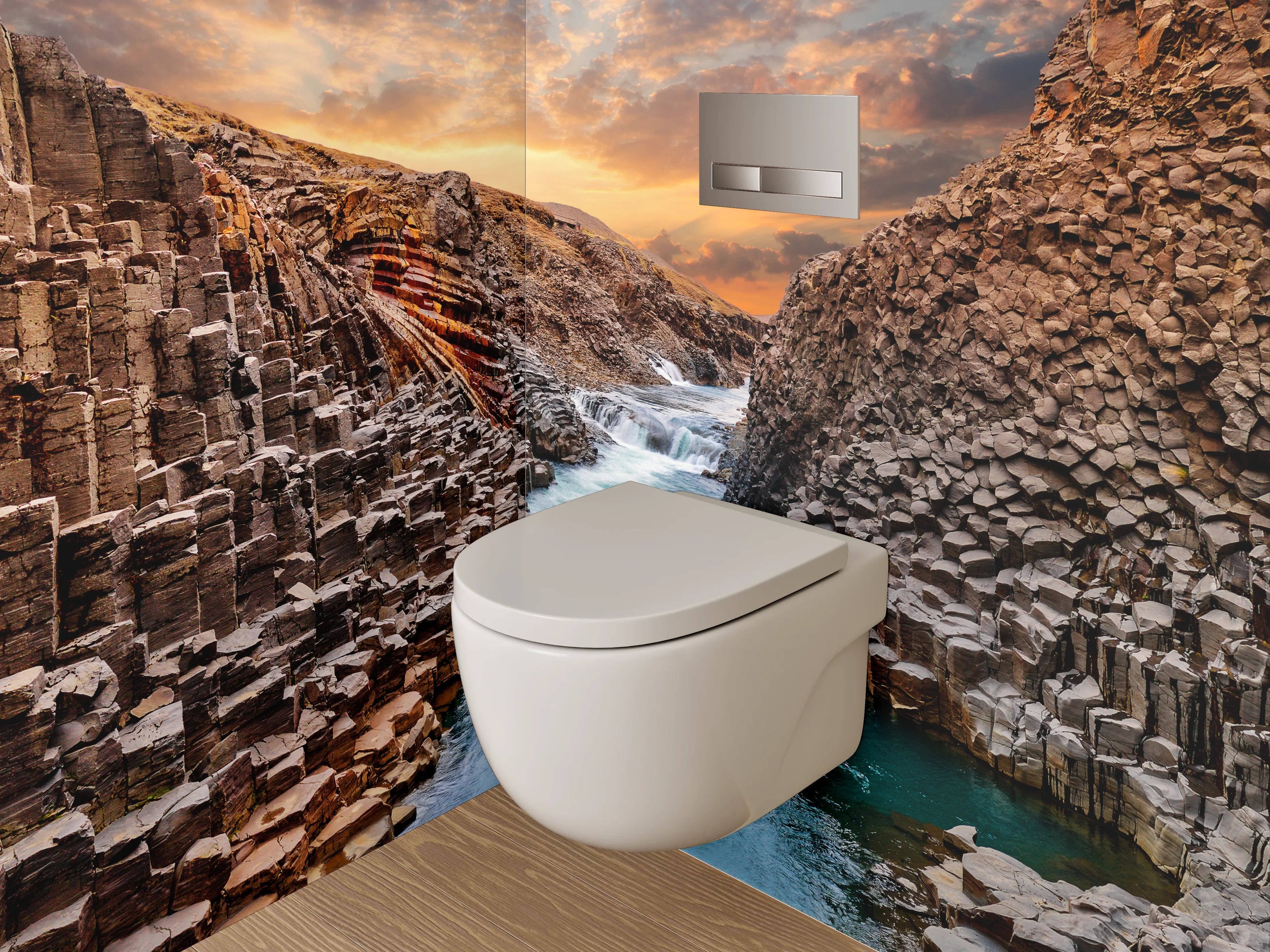 WC-Rückwand - Basalt-Schlucht mit Flusslandschaft