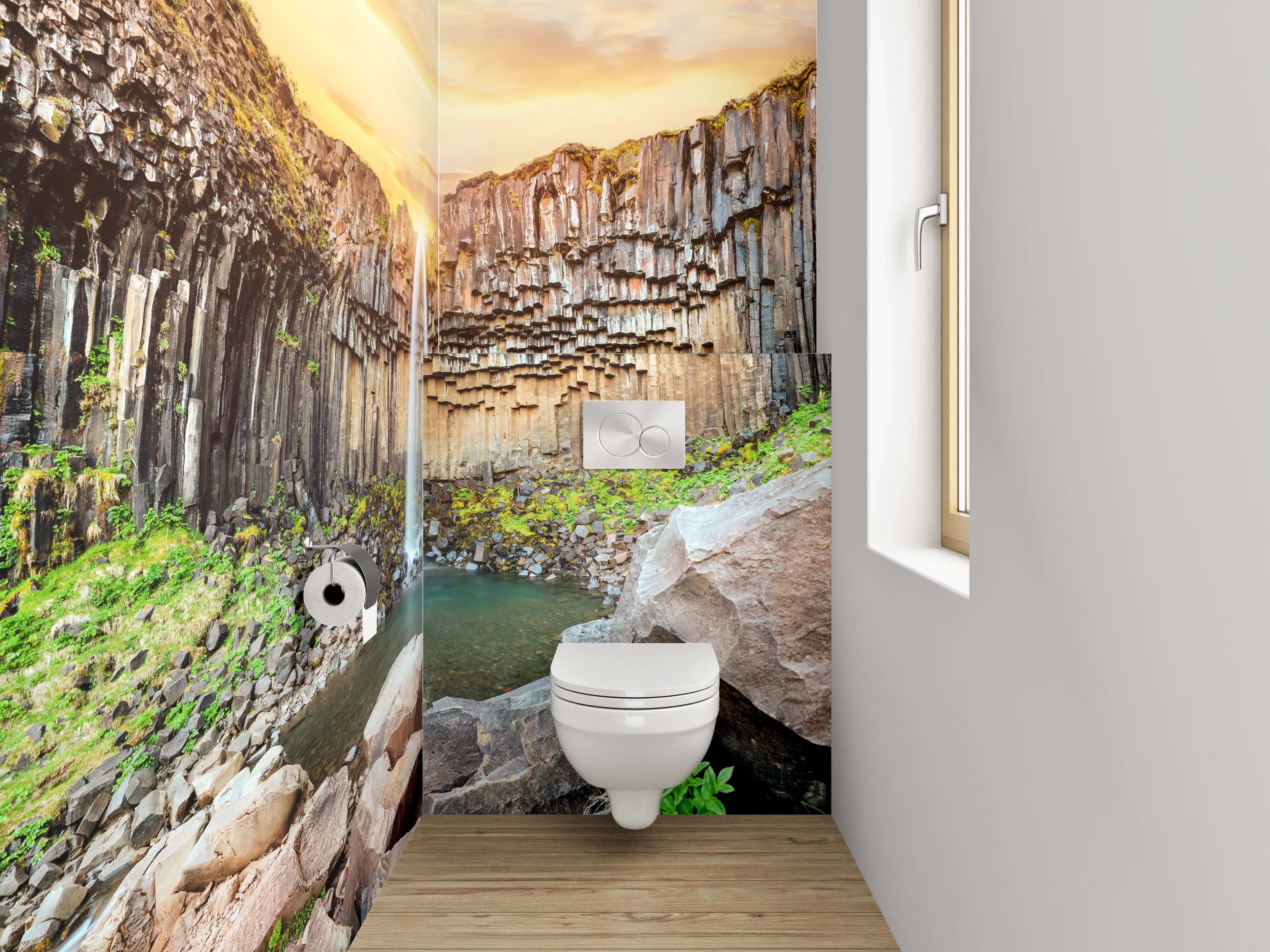 WC-Rückwand - Basalt-Wasserfall Sonnenuntergang Naturmotiv