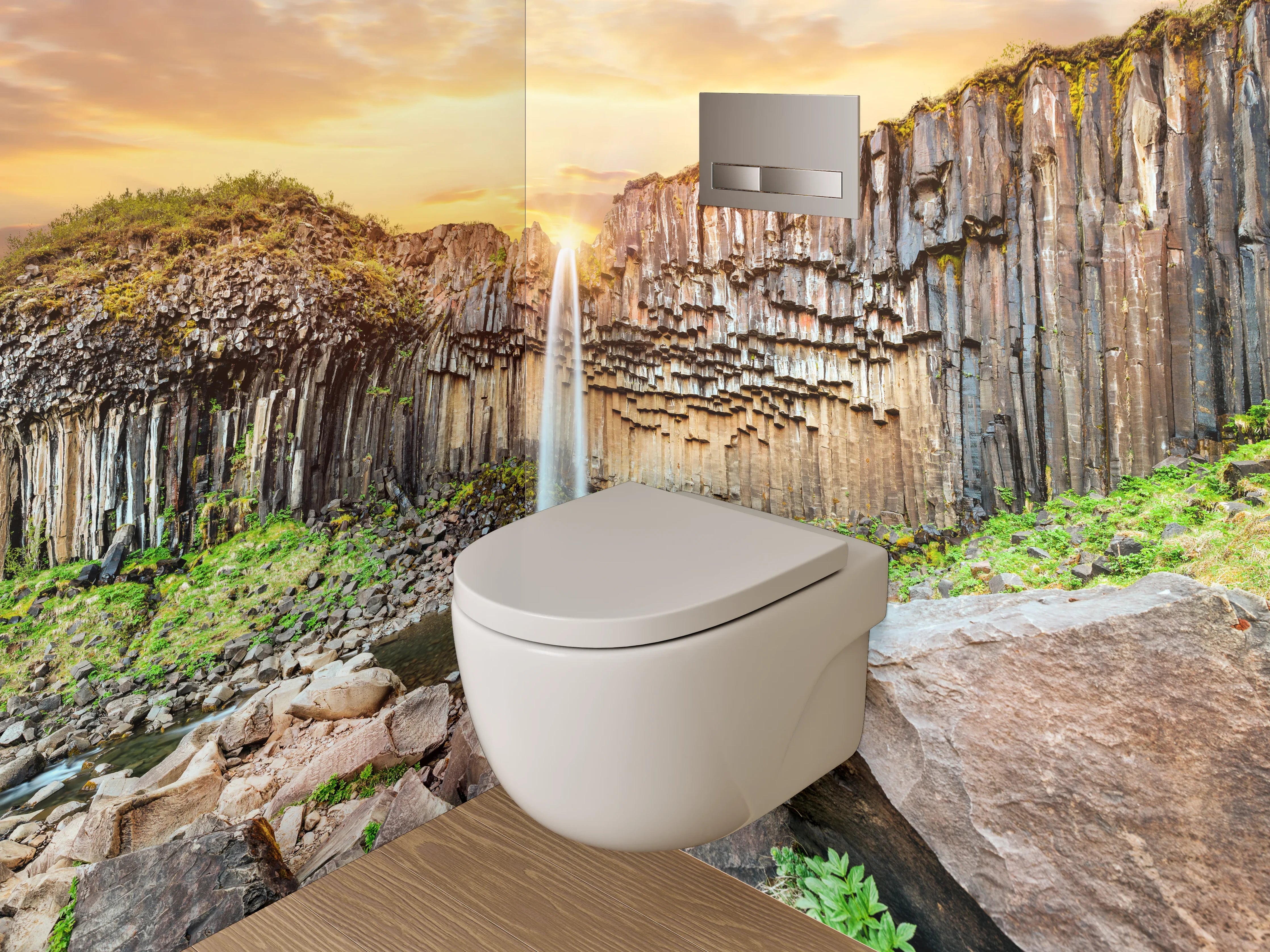 WC-Rückwand - Basalt-Wasserfall Sonnenuntergang Naturmotiv