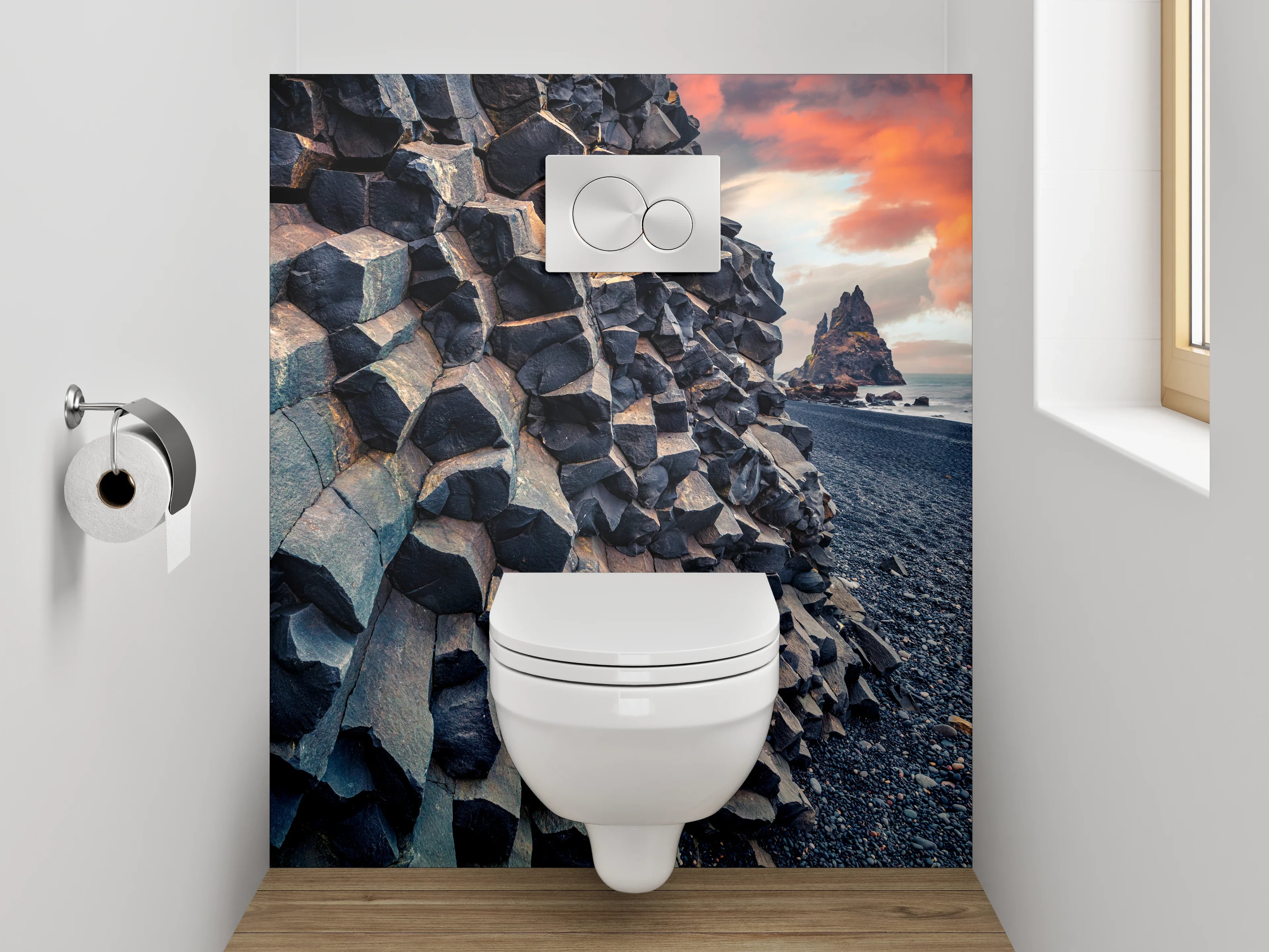 WC-Rückwand - Basaltfelsen am schwarzen Strand Sonnenuntergang