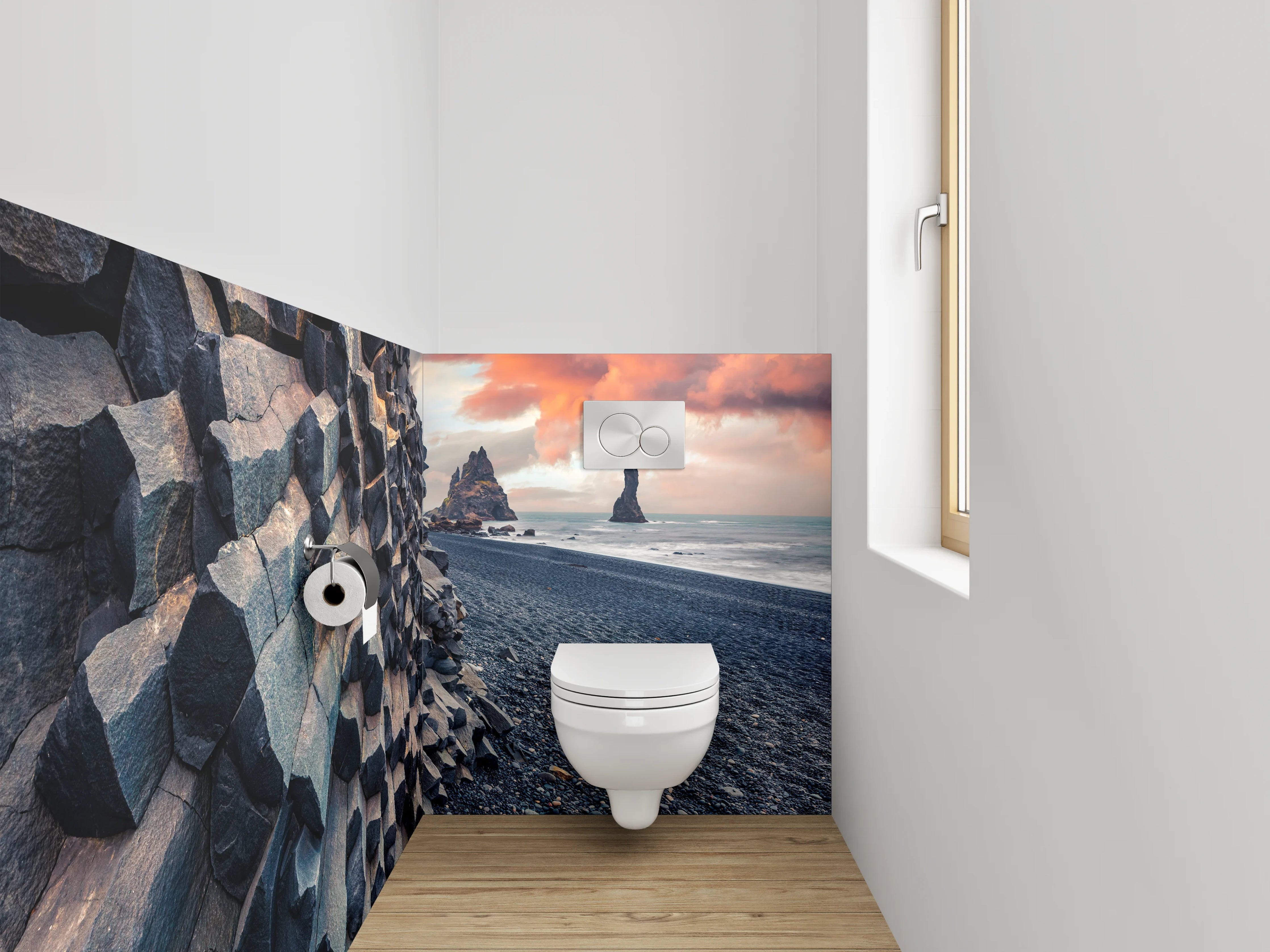 WC-Rückwand - Basaltfelsen am schwarzen Strand Sonnenuntergang