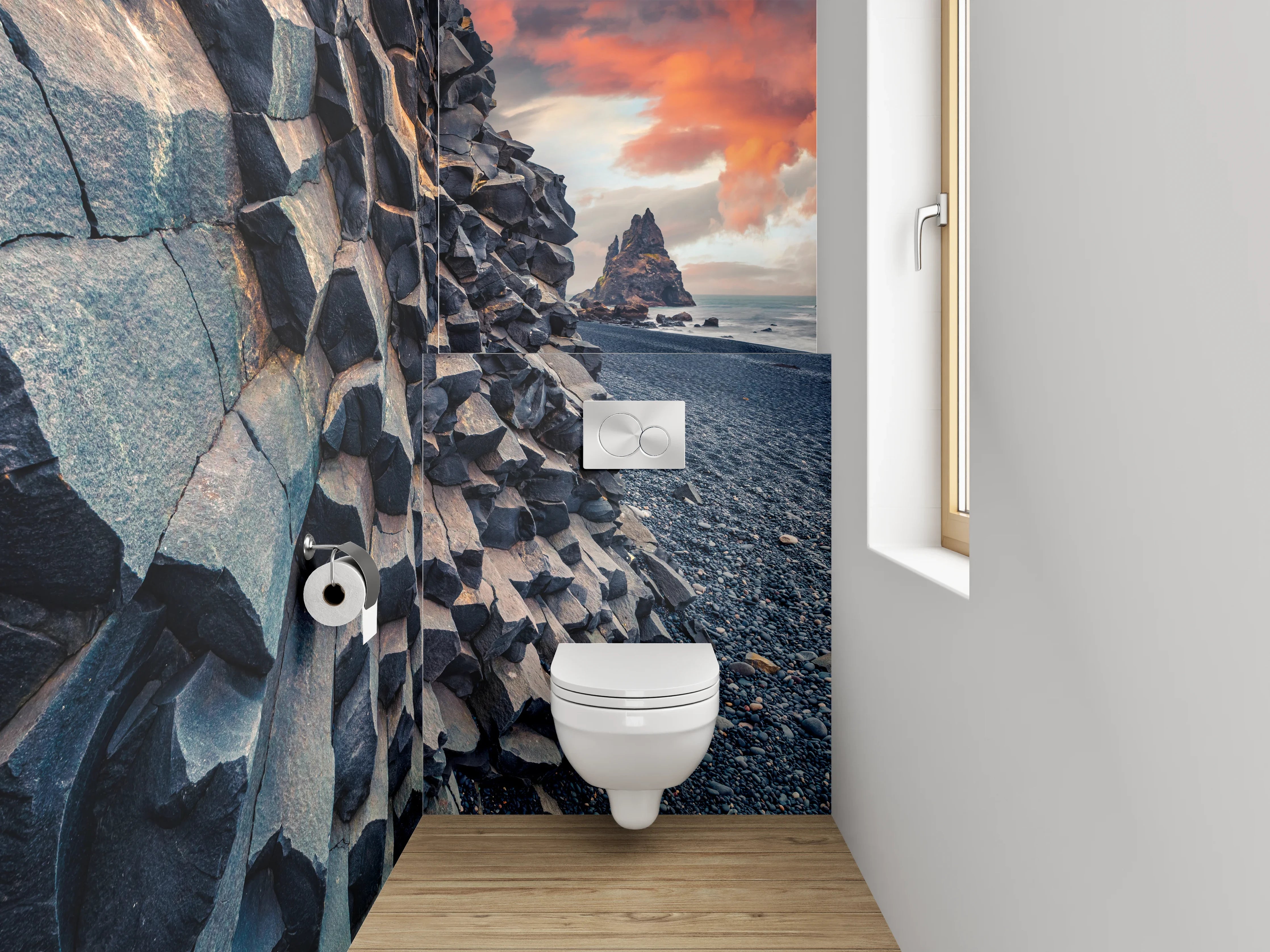 WC-Rückwand - Basaltfelsen am schwarzen Strand Sonnenuntergang