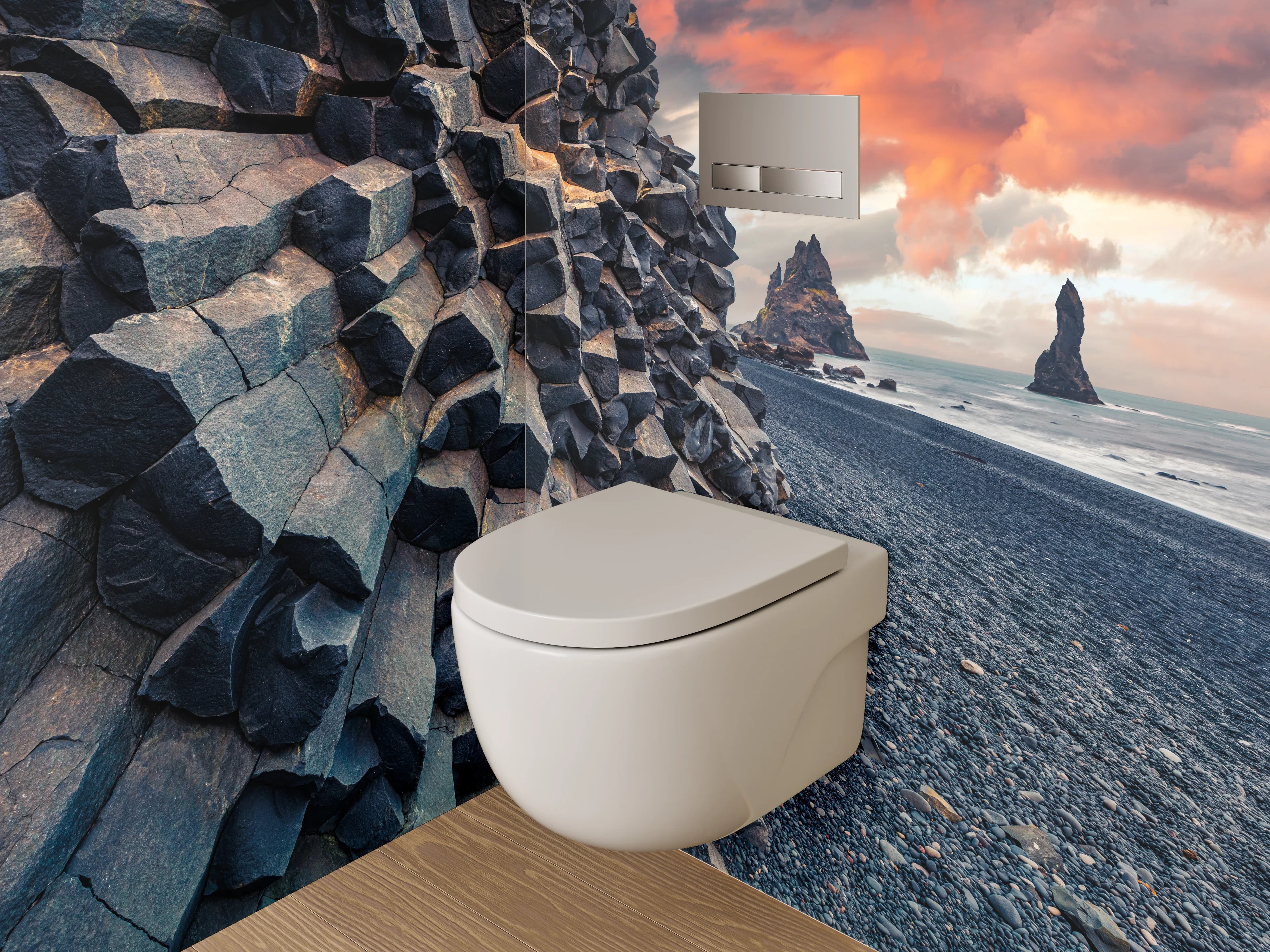 WC-Rückwand - Basaltfelsen am schwarzen Strand Sonnenuntergang