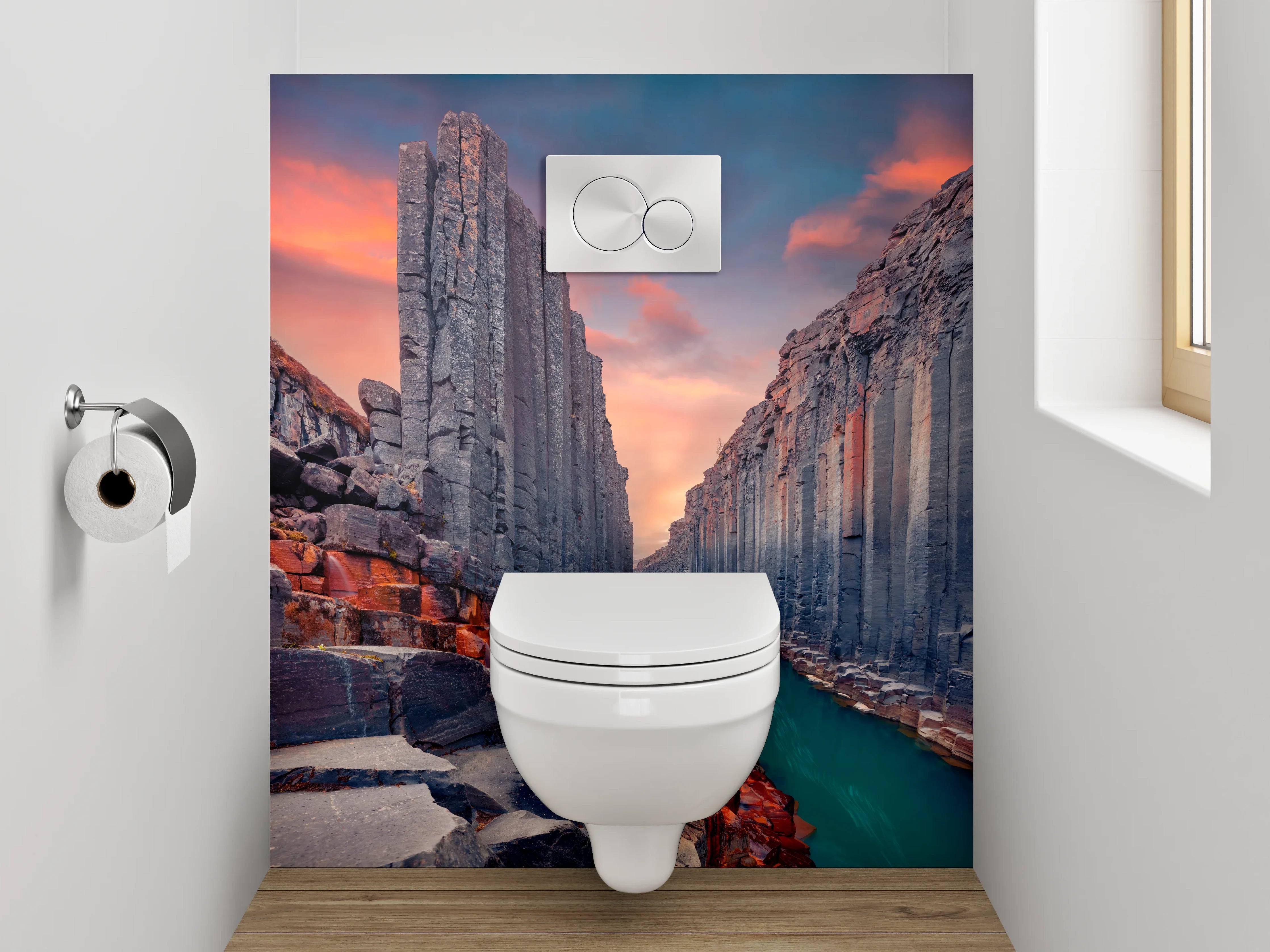 WC-Rückwand - Basaltklippen am Fluss – Sonnenuntergang