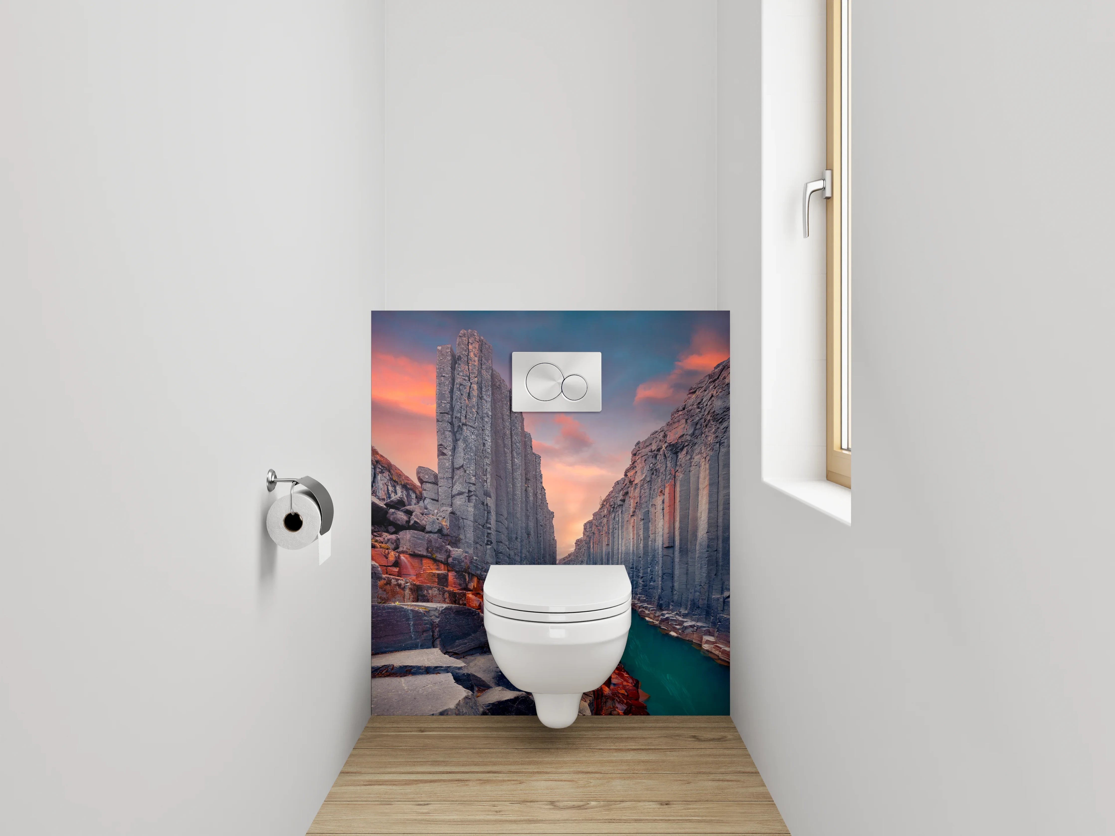 WC-Rückwand - Basaltklippen am Fluss – Sonnenuntergang