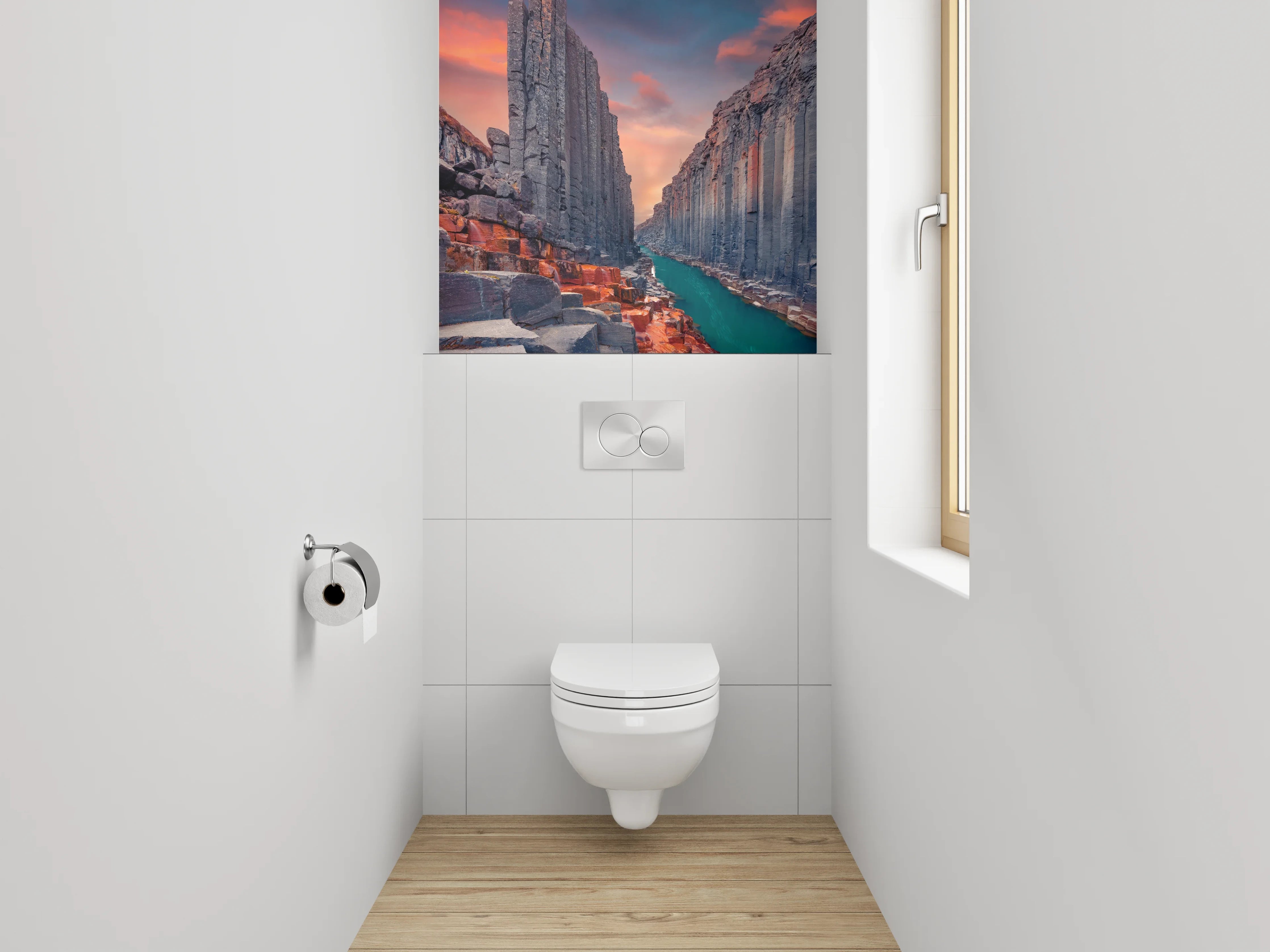 WC-Rückwand - Basaltklippen am Fluss – Sonnenuntergang