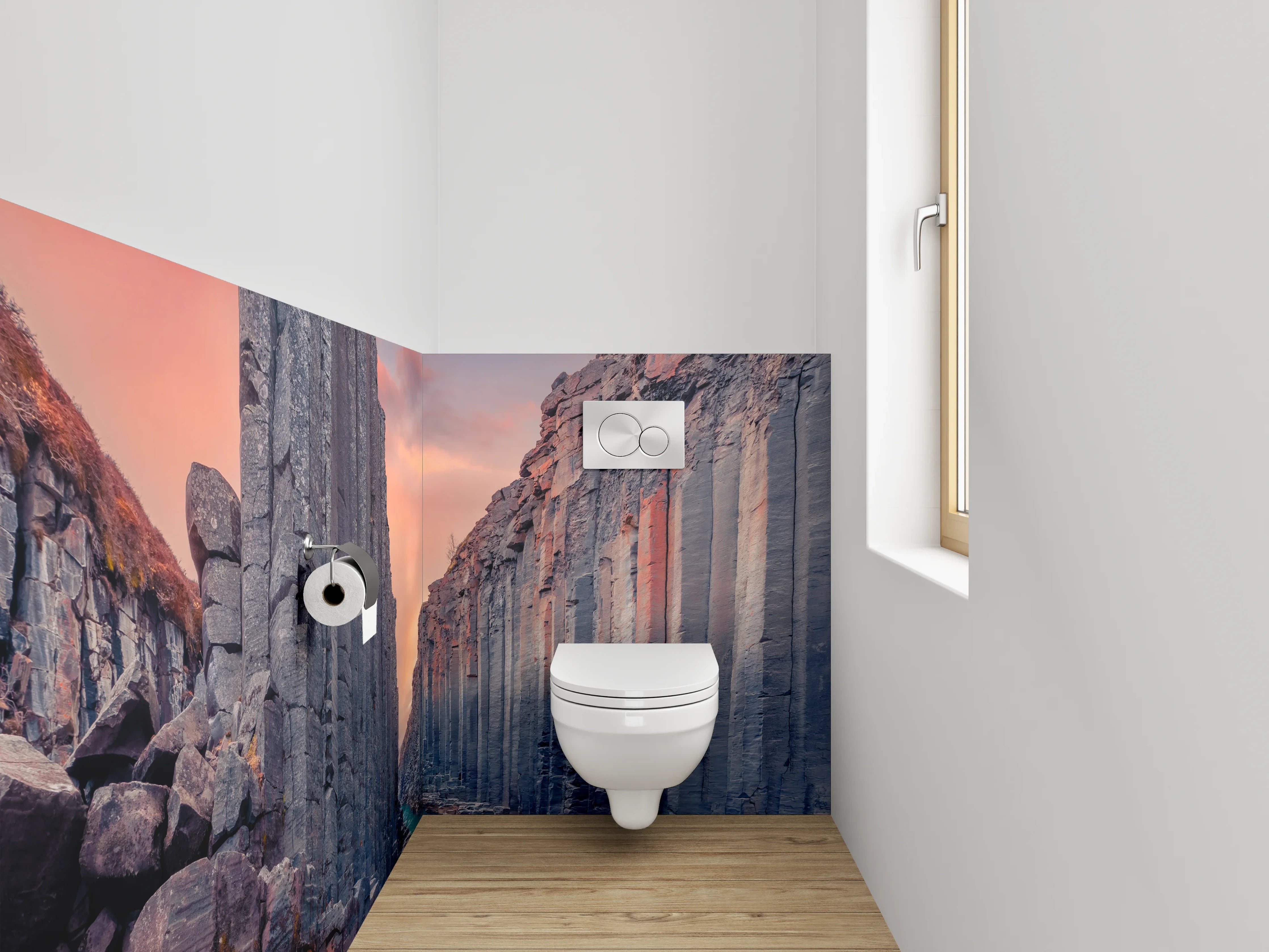 WC-Rückwand - Basaltklippen am Fluss – Sonnenuntergang