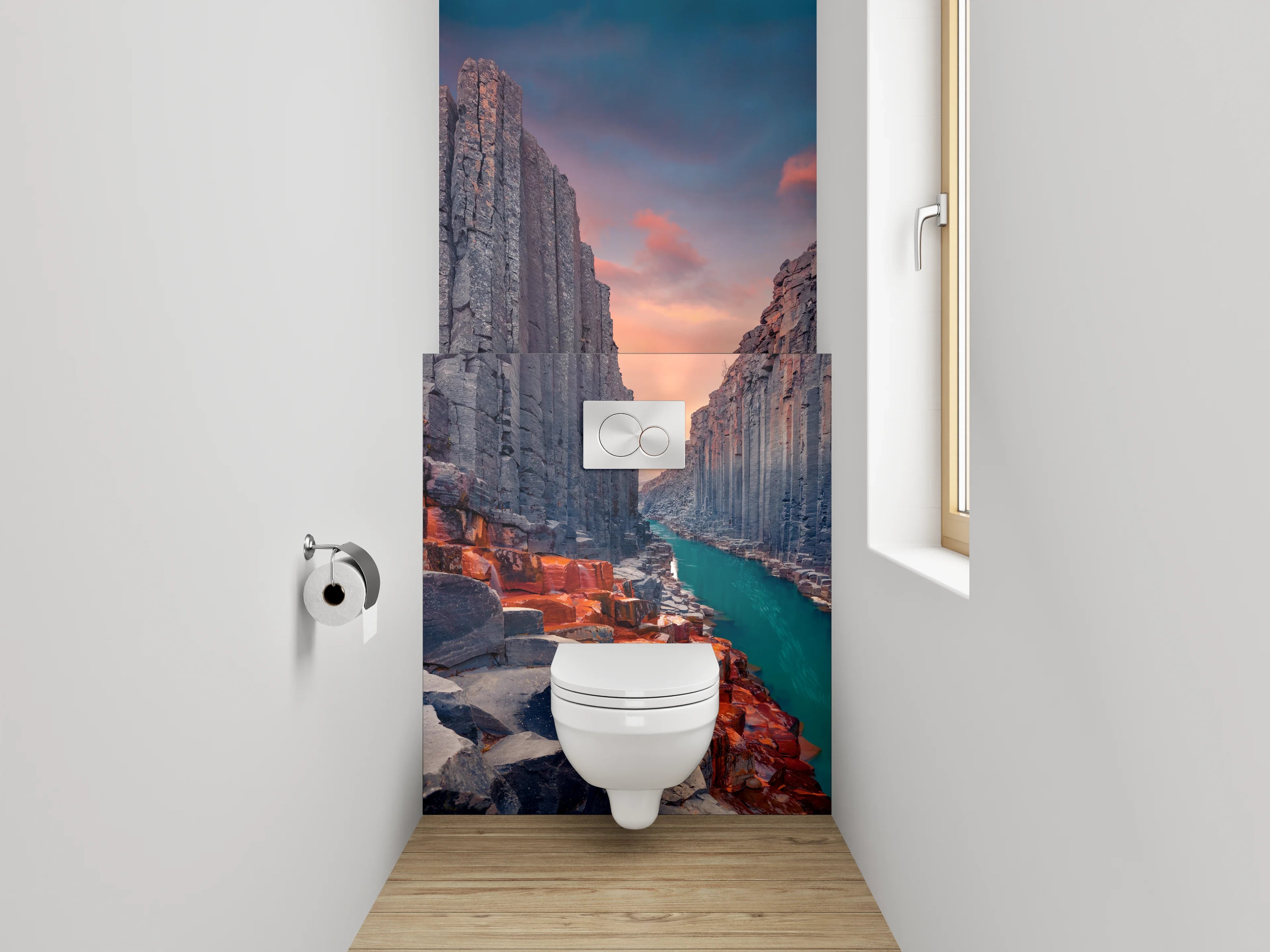 WC-Rückwand - Basaltklippen am Fluss – Sonnenuntergang