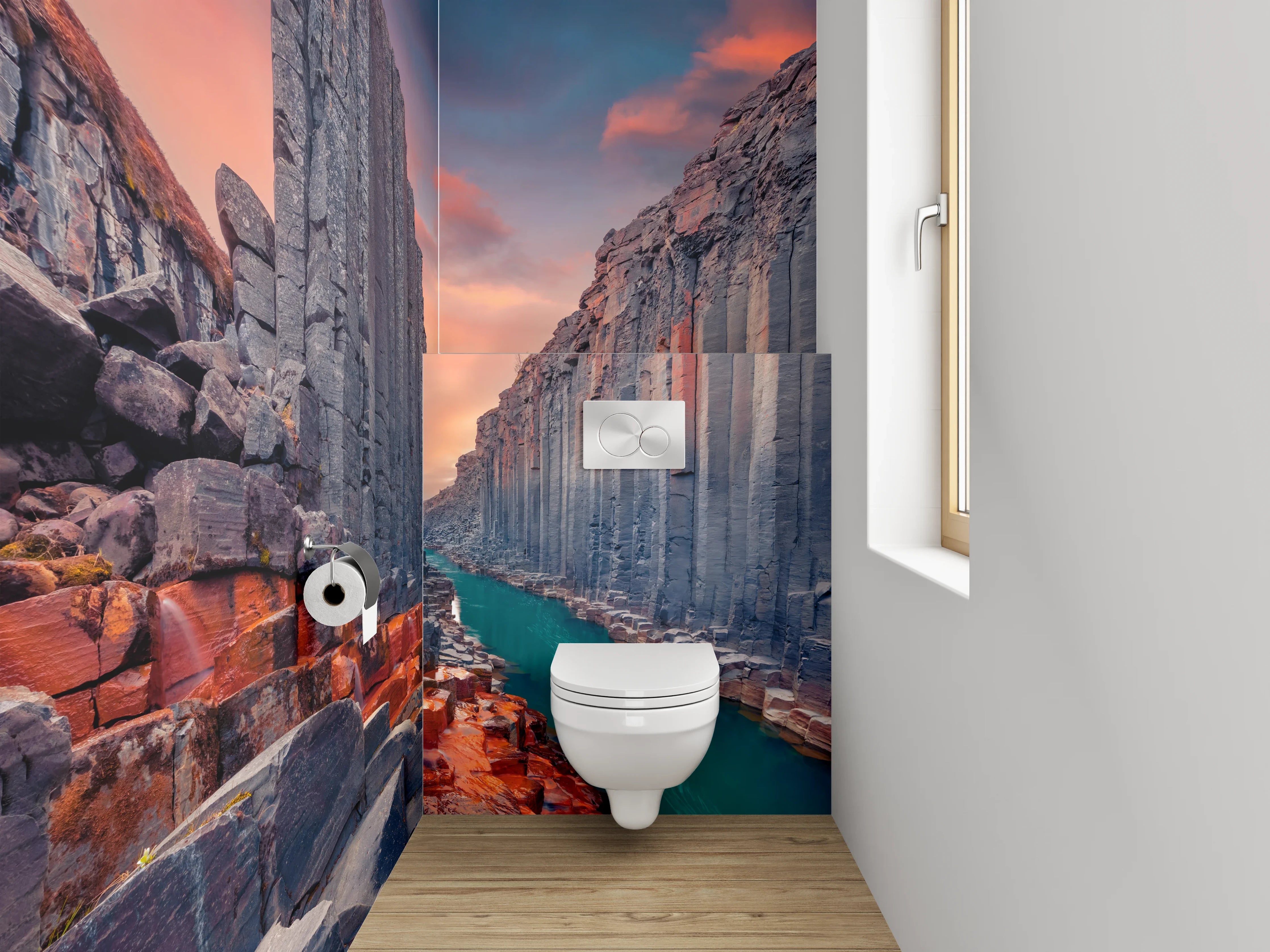 WC-Rückwand - Basaltklippen am Fluss – Sonnenuntergang