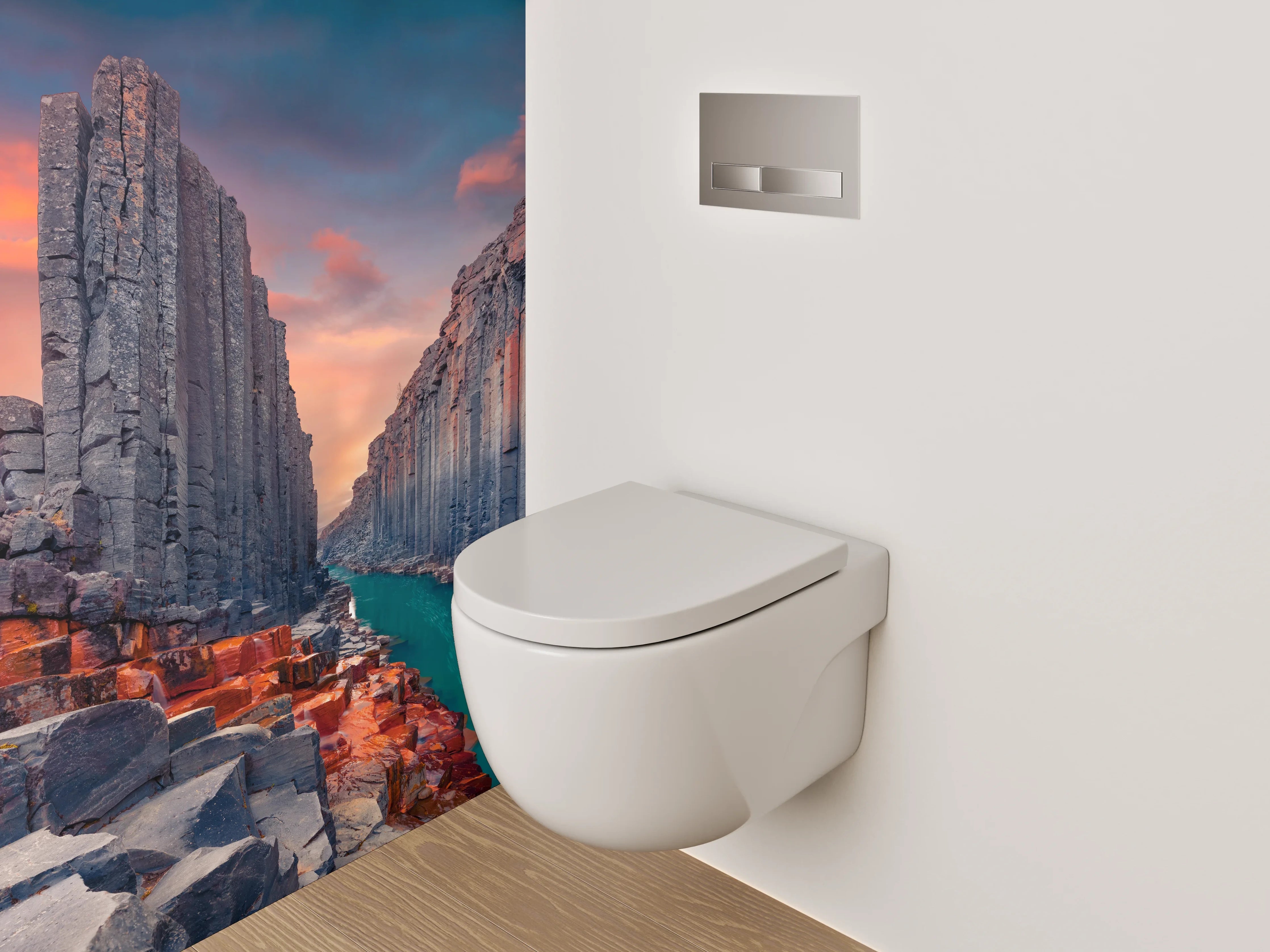 WC-Rückwand - Basaltklippen am Fluss – Sonnenuntergang