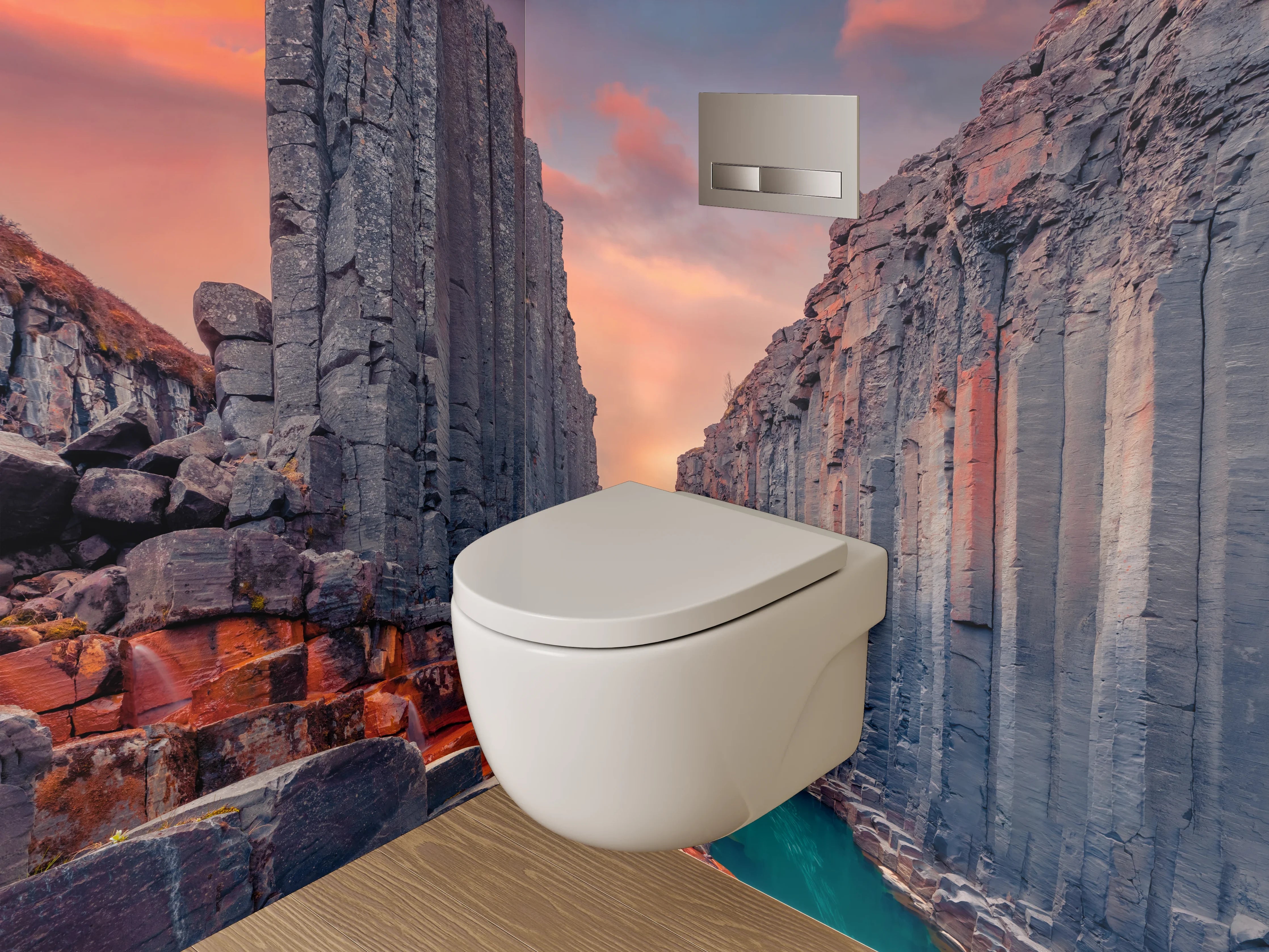 WC-Rückwand - Basaltklippen am Fluss – Sonnenuntergang