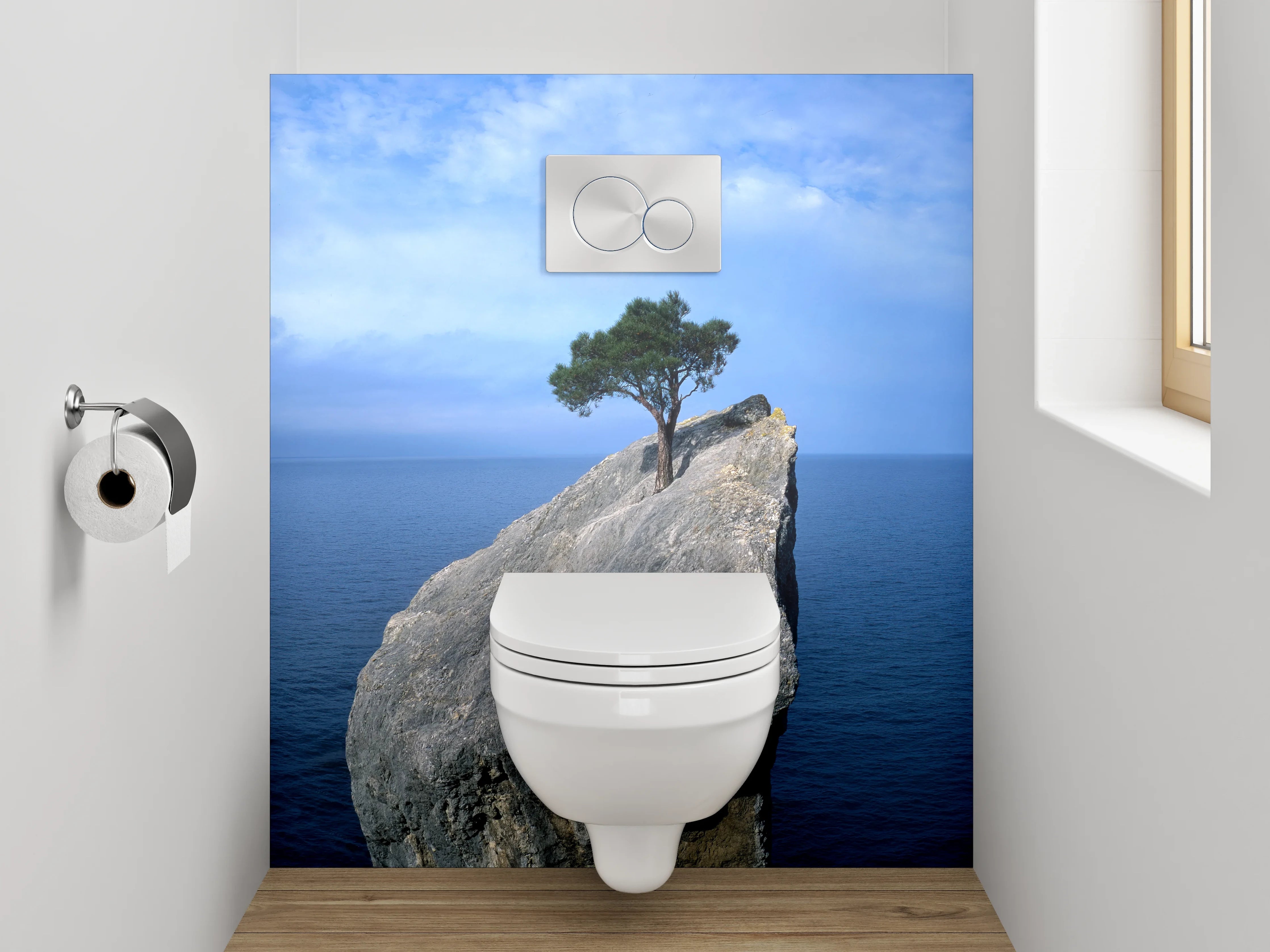 WC-Rückwand - Baum auf Felsen im Meer