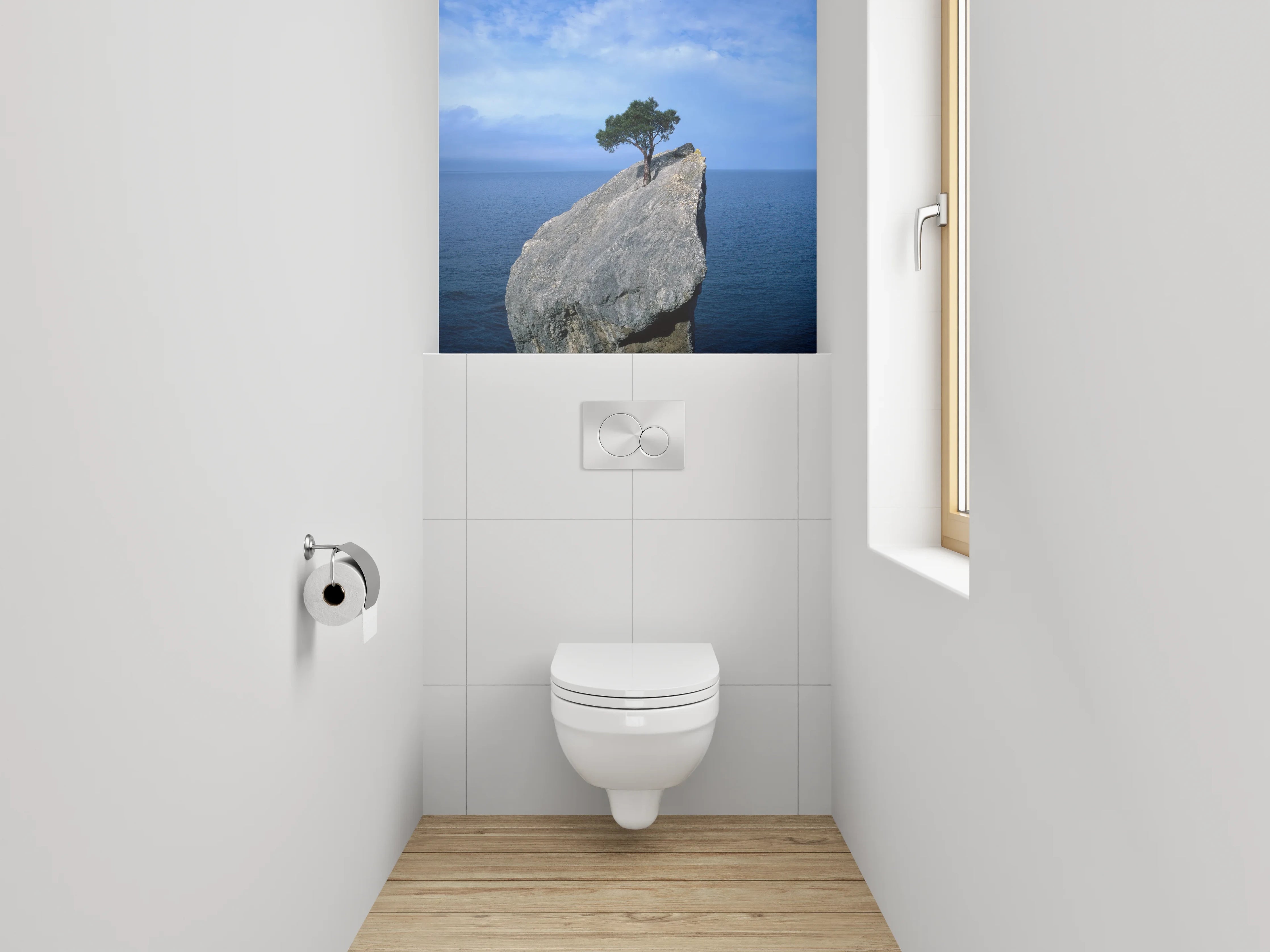 WC-Rückwand - Baum auf Felsen im Meer