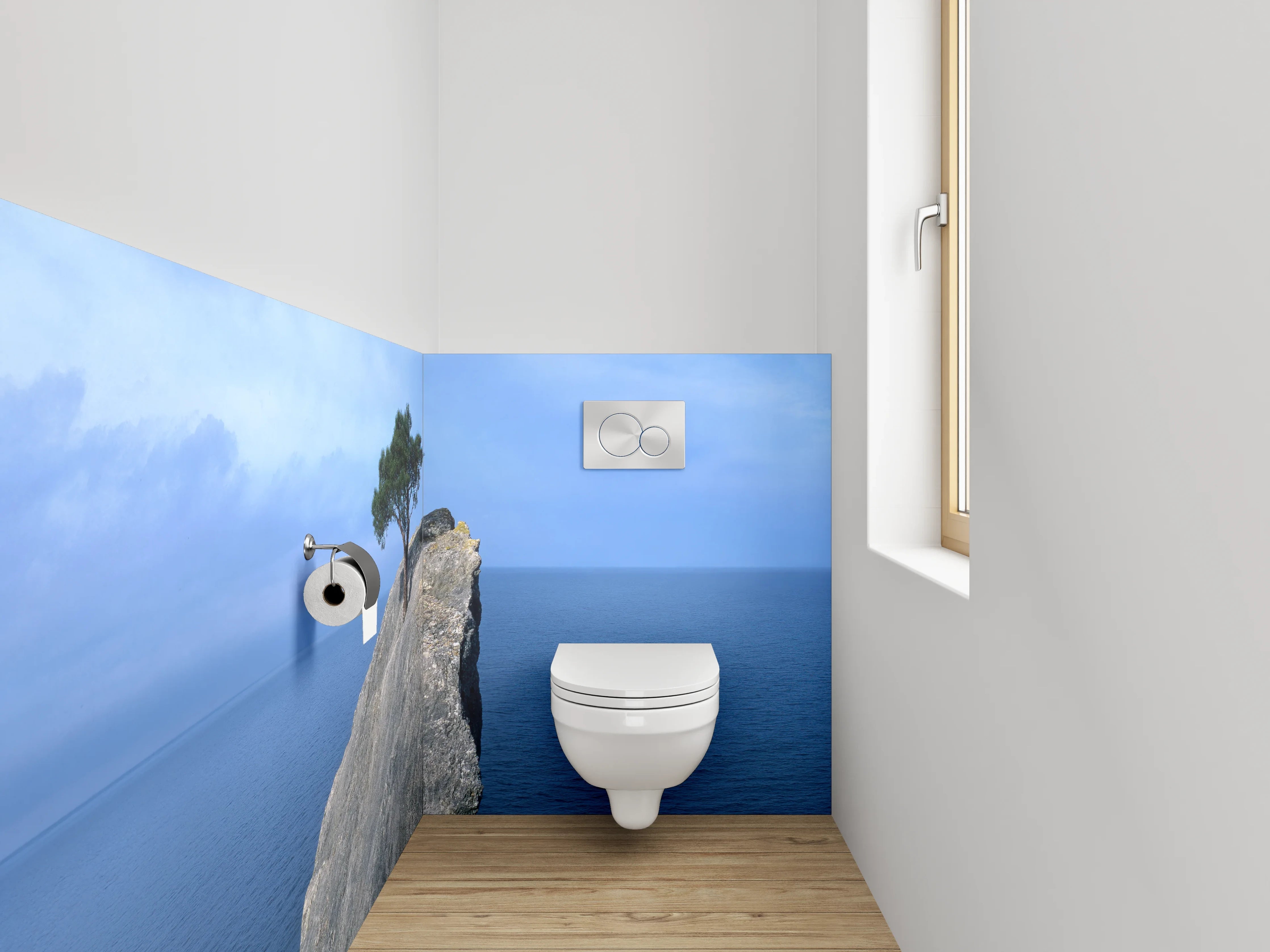 WC-Rückwand - Baum auf Felsen im Meer