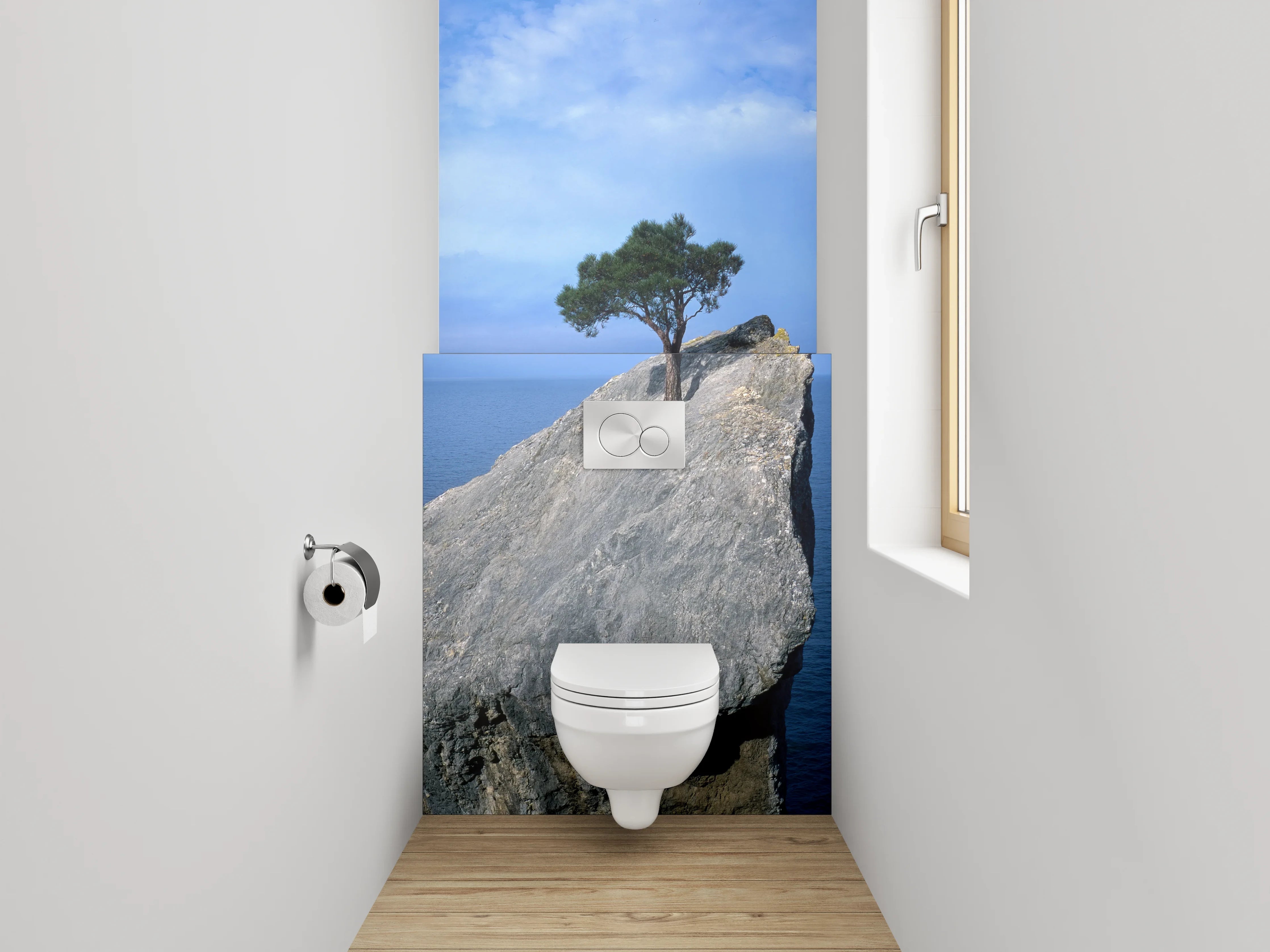 WC-Rückwand - Baum auf Felsen im Meer