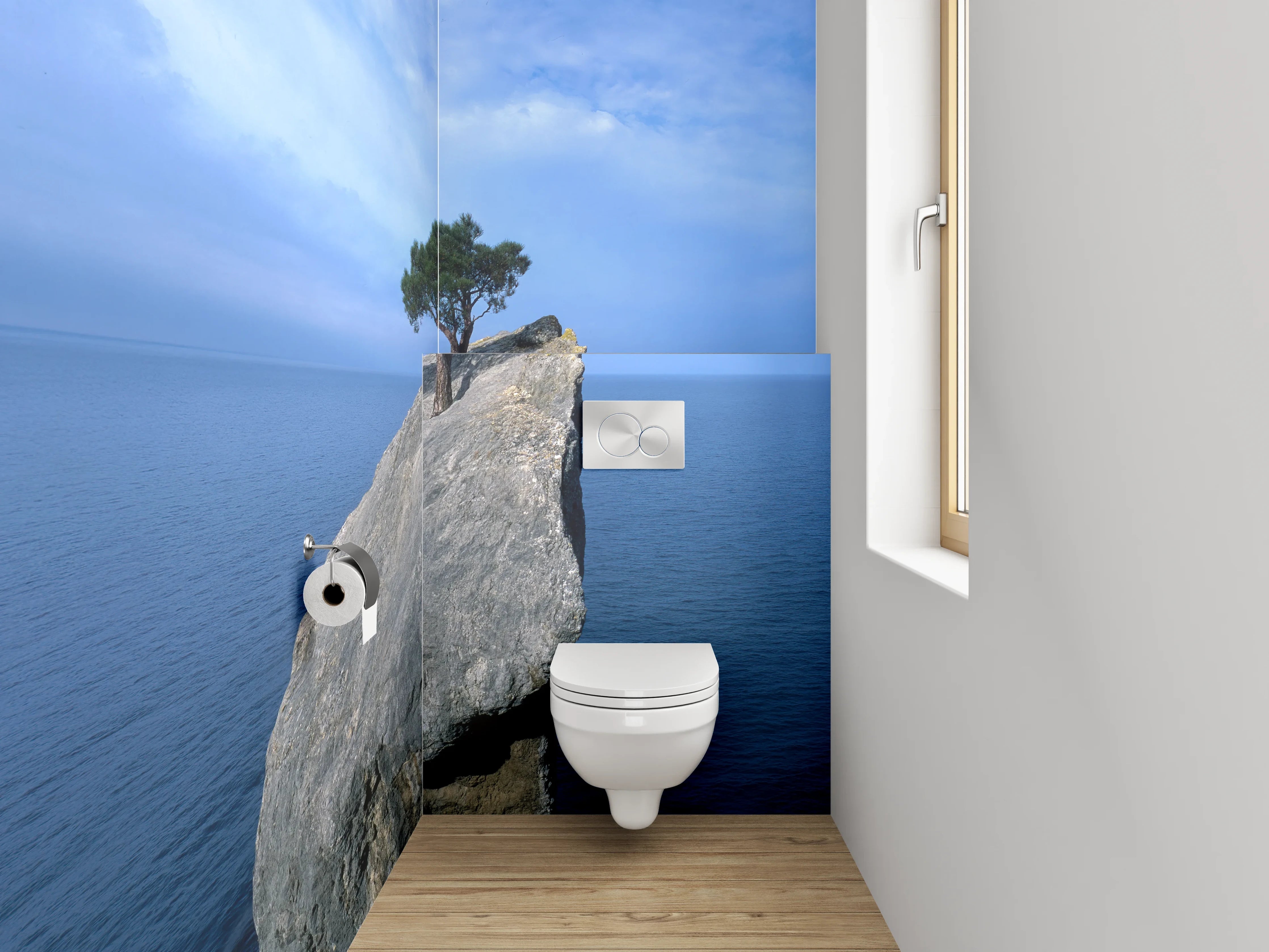WC-Rückwand - Baum auf Felsen im Meer