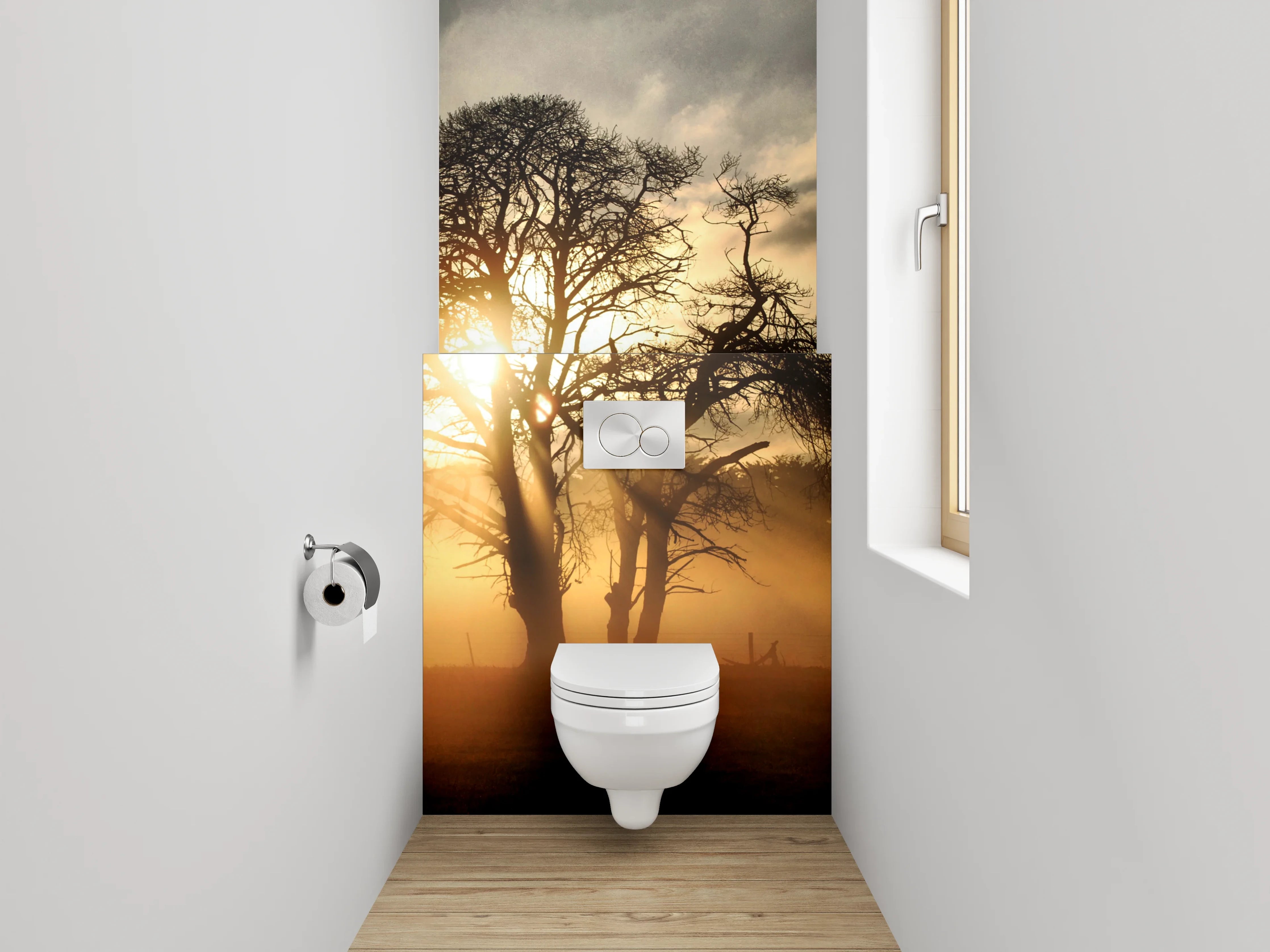 WC-Rückwand - Baum im goldenen Morgenlicht
