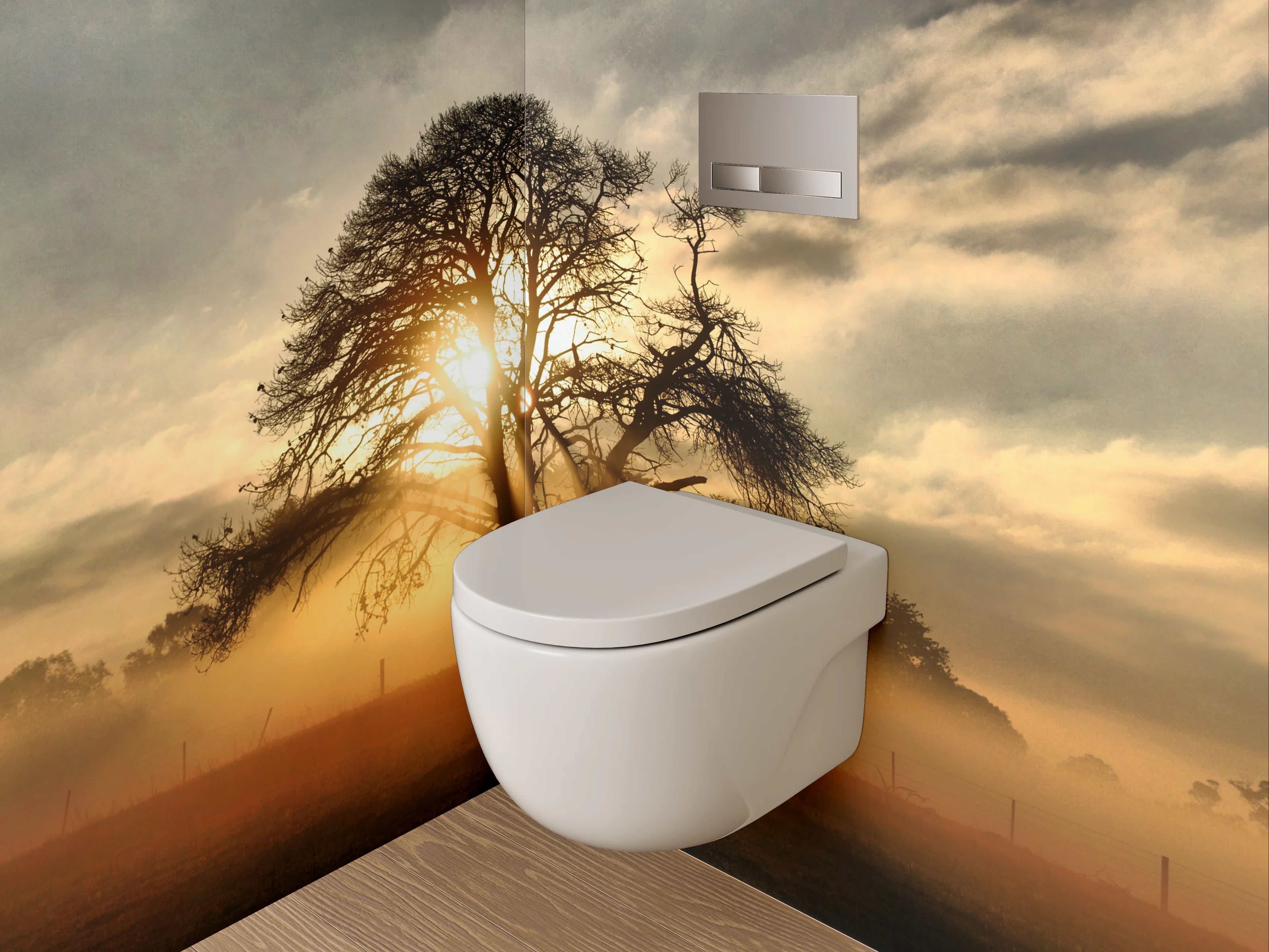 WC-Rückwand - Baum im goldenen Morgenlicht