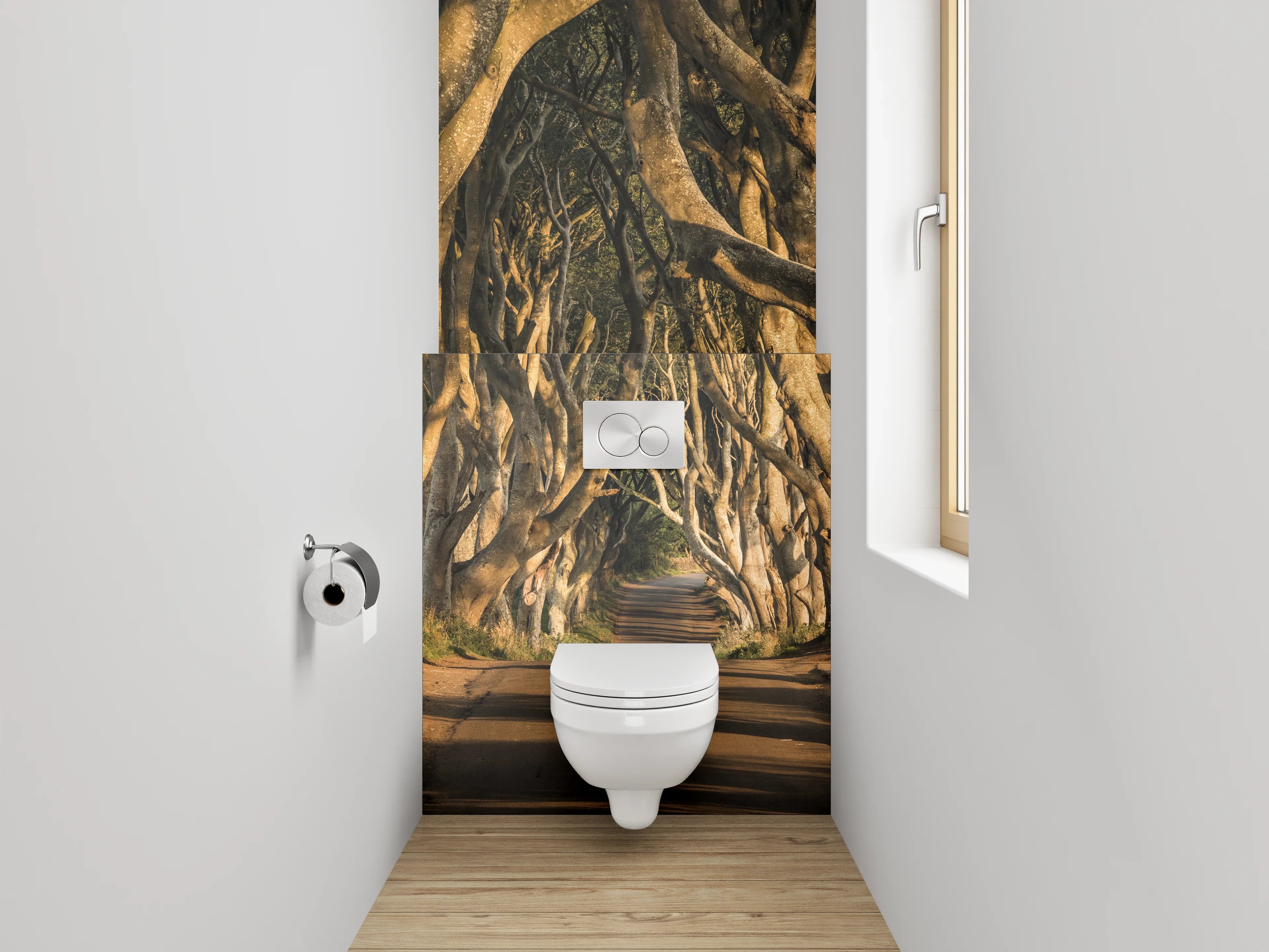 WC-Rückwand - Baumallee im Sonnenlicht