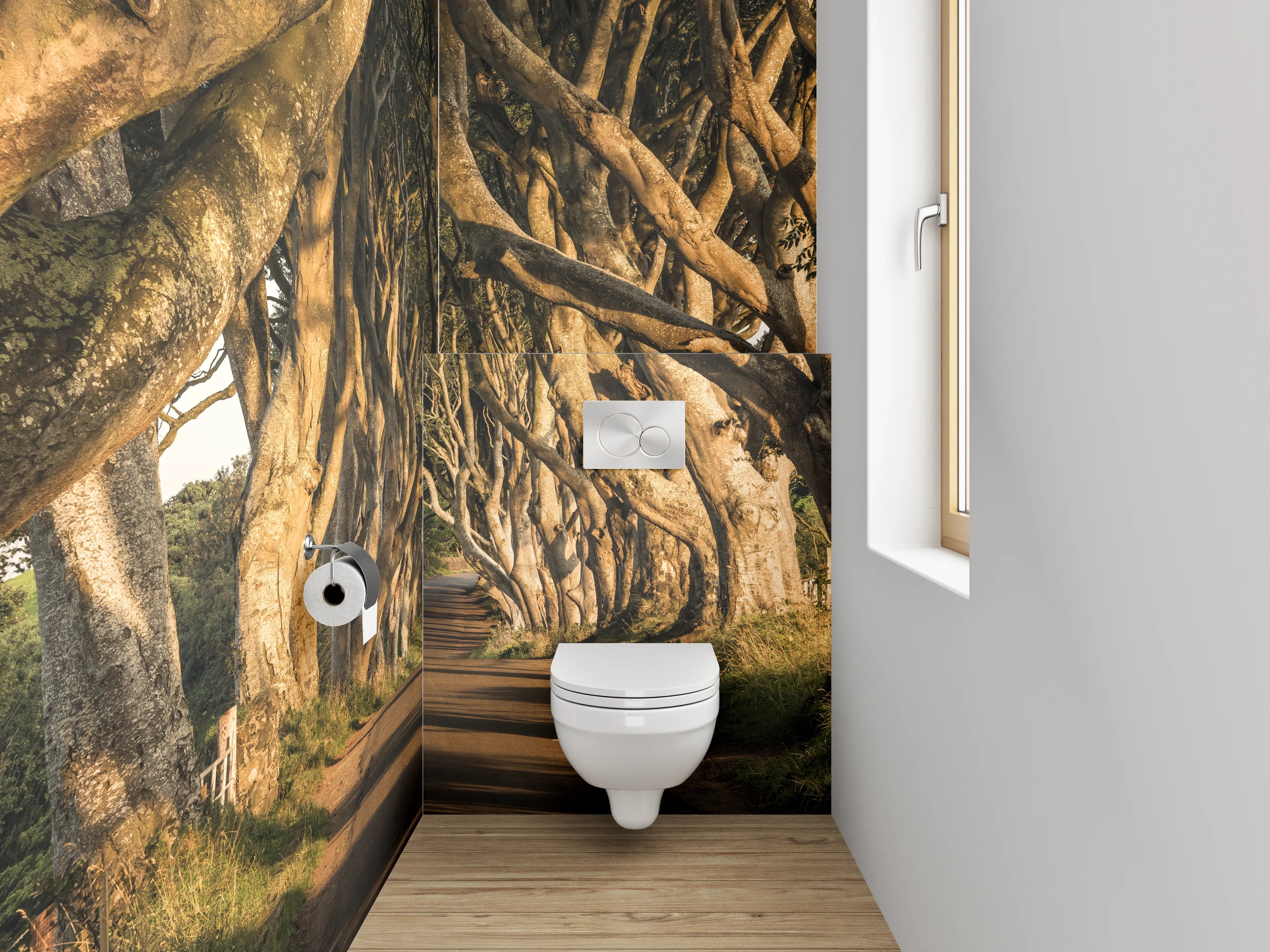 WC-Rückwand - Baumallee im Sonnenlicht