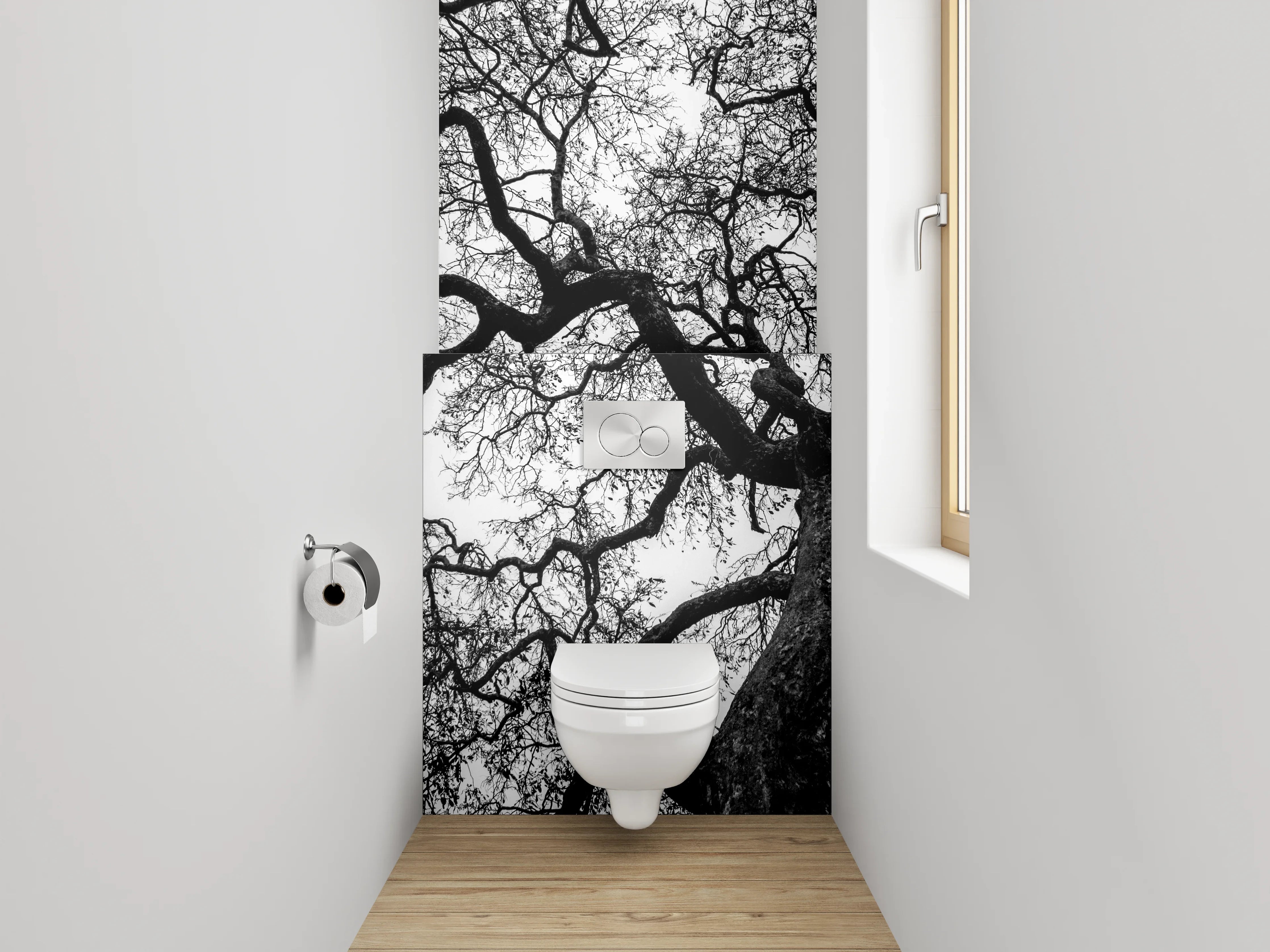 WC-Rückwand - Baumkronen Silhouette Schwarz-Weiß Fotografie