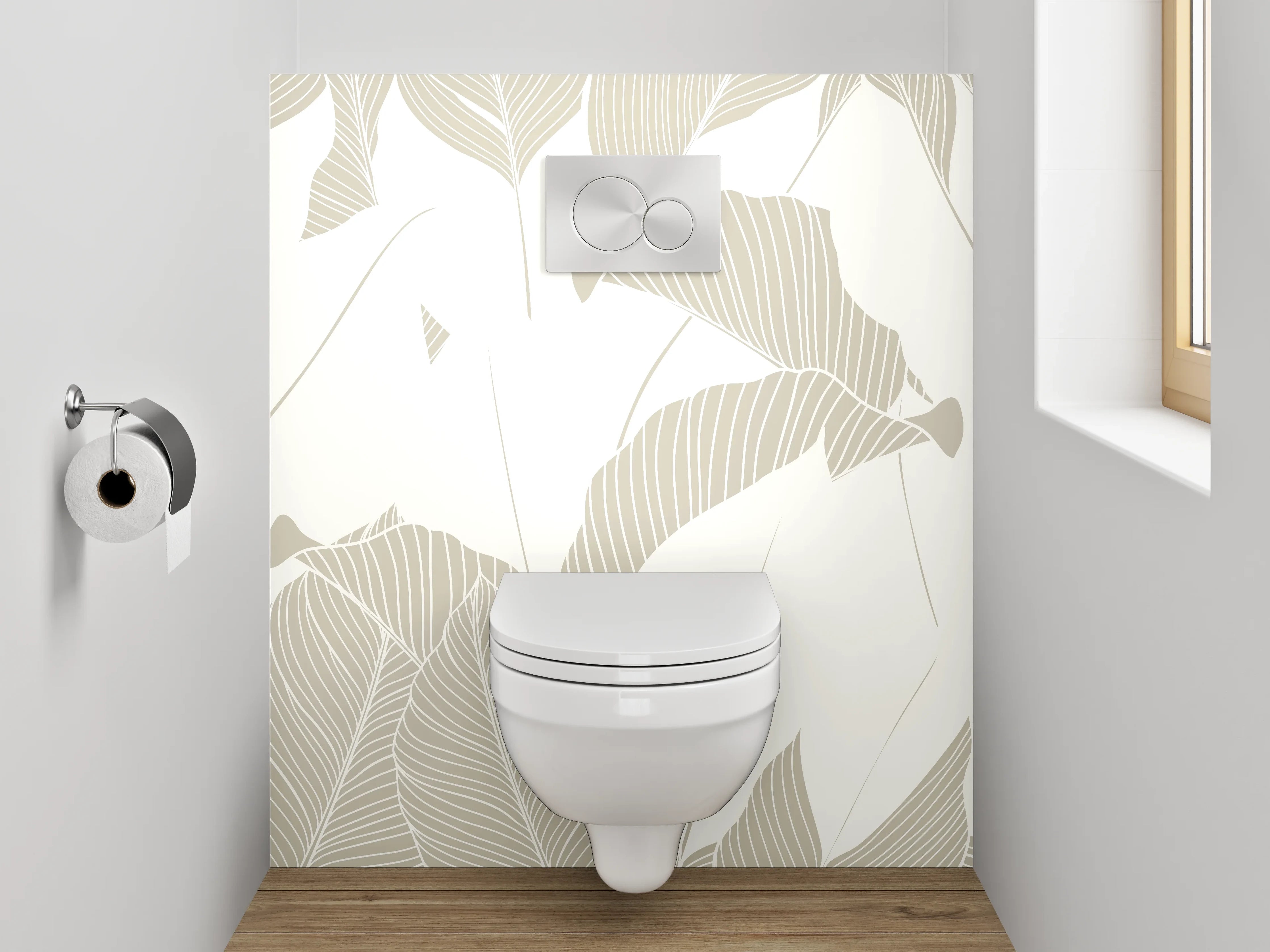 WC-Rückwand - Beige Lineart Blätter Tapete