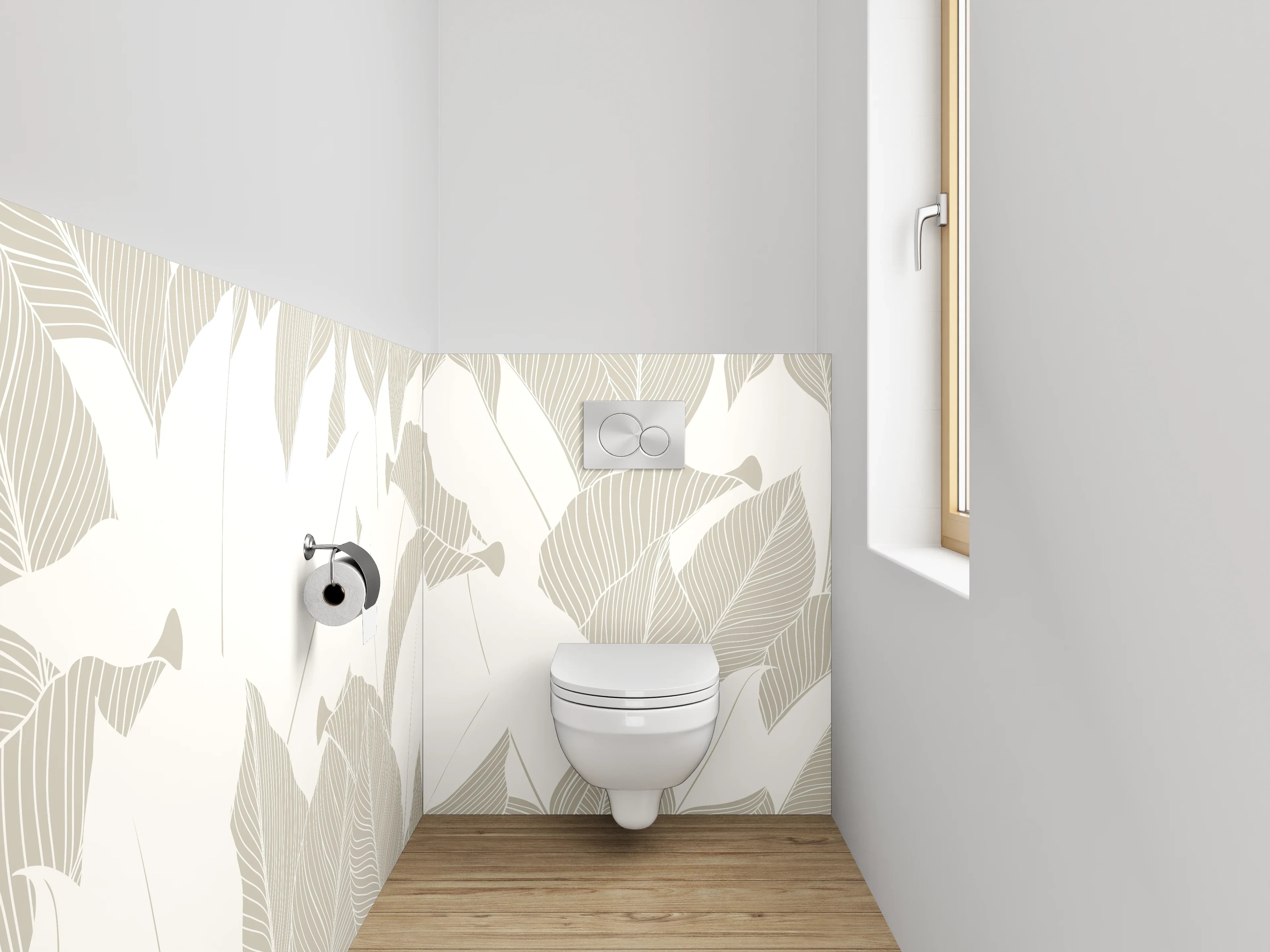 WC-Rückwand - Beige Lineart Blätter Tapete