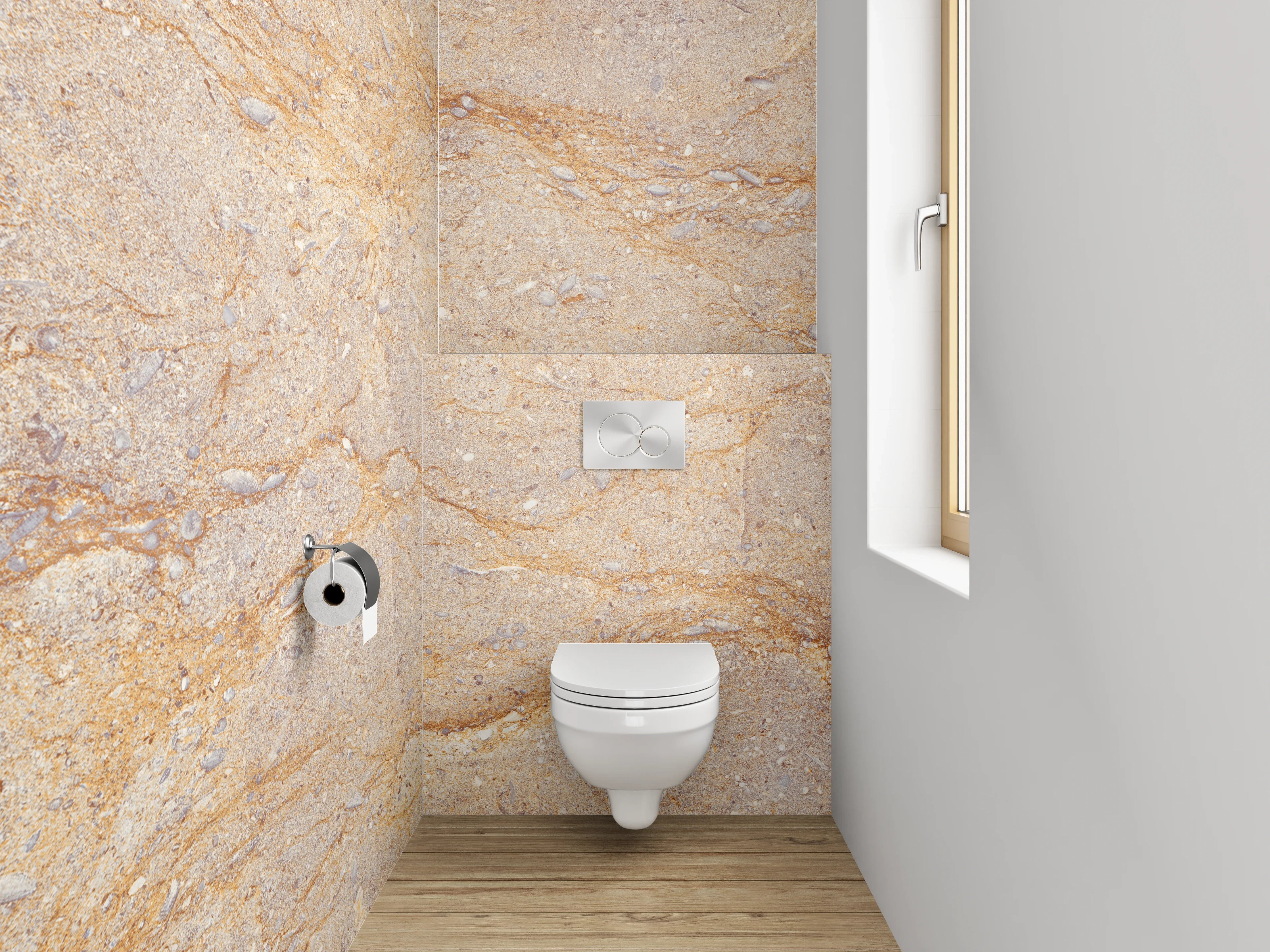 WC-Rückwand - Beige Marmor-Textur mit goldenen Linien