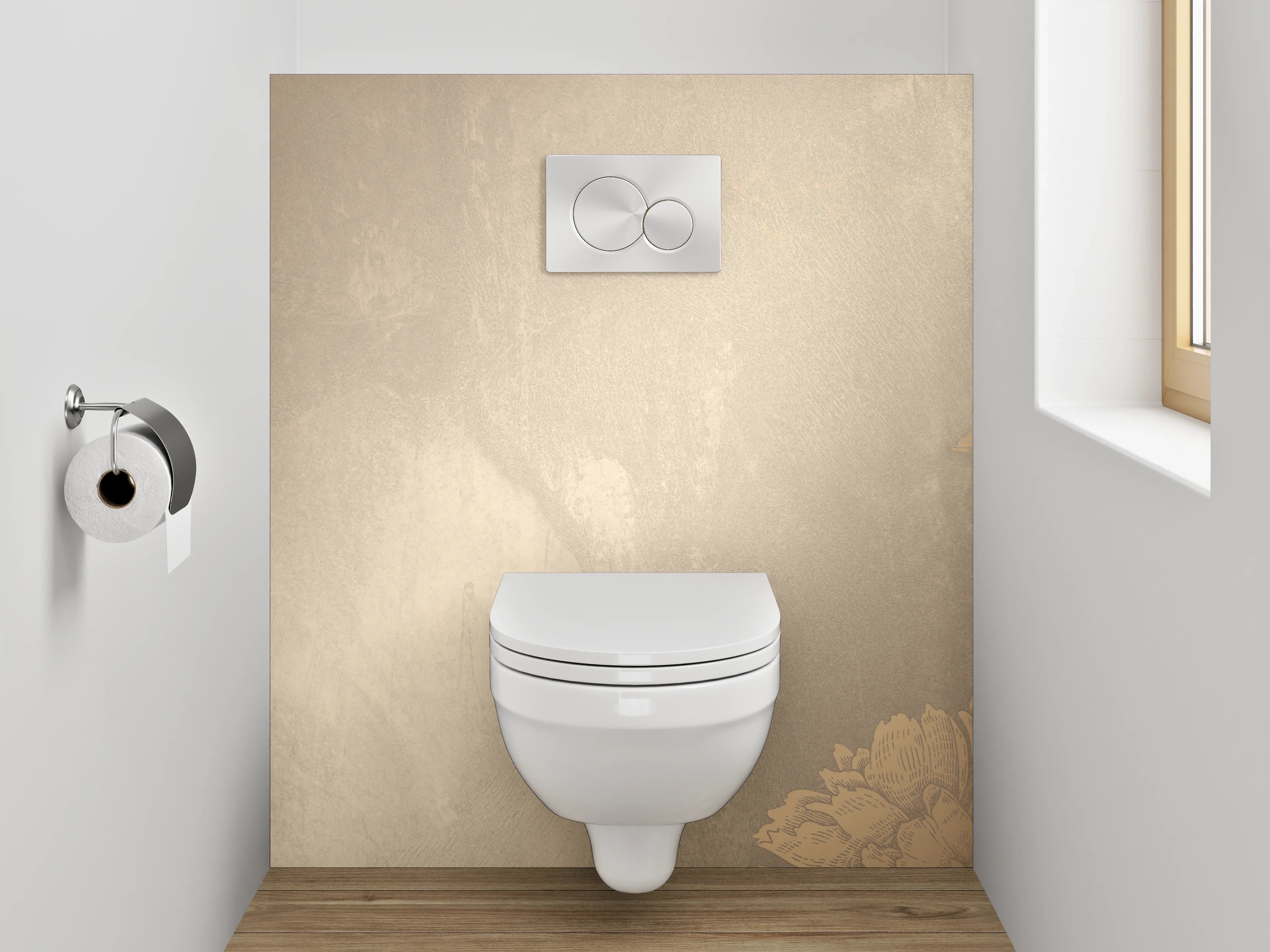 WC-Rückwand - Beige goldene Blüten Vintage Tapete