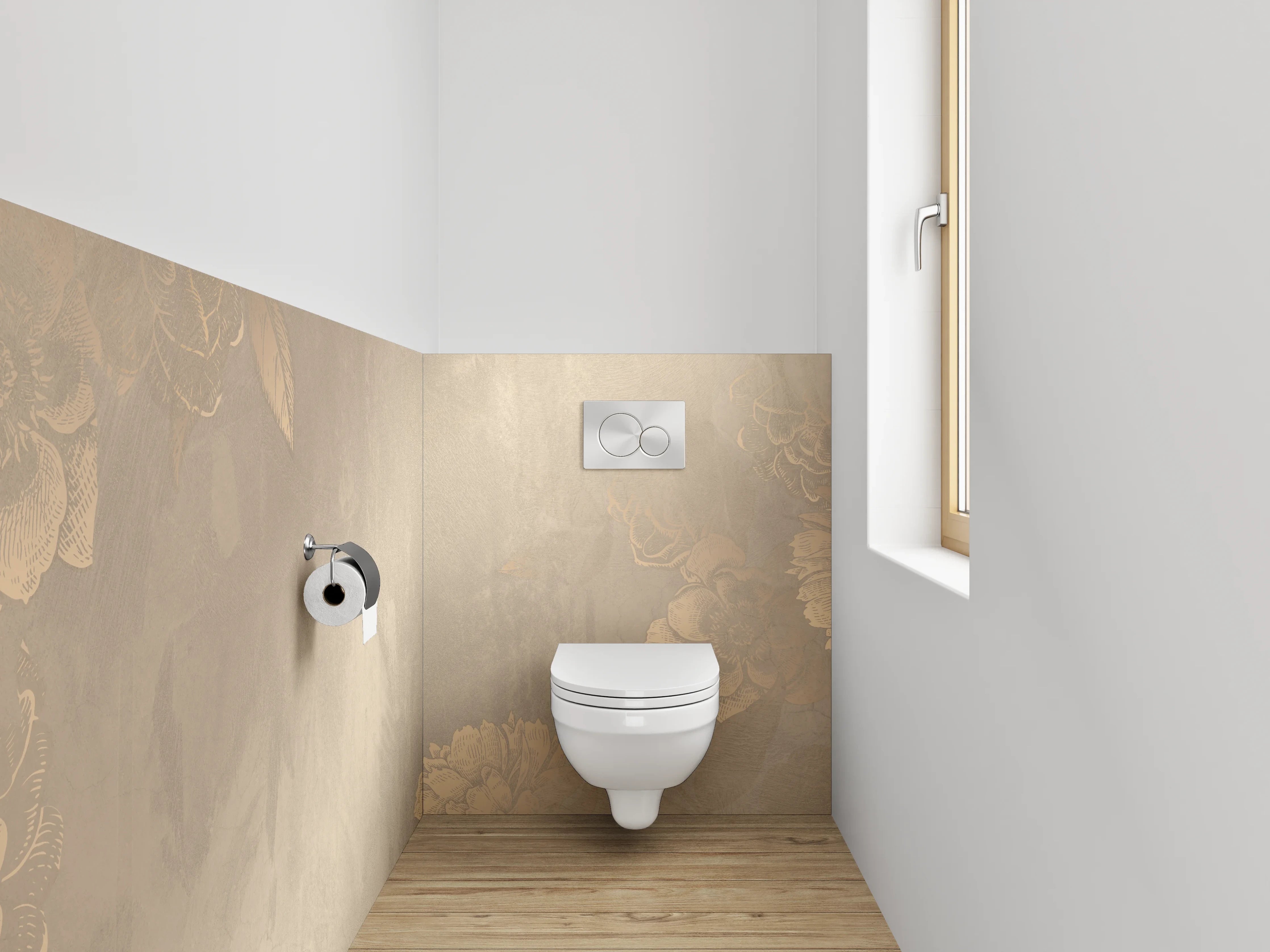 WC-Rückwand - Beige goldene Blüten Vintage Tapete