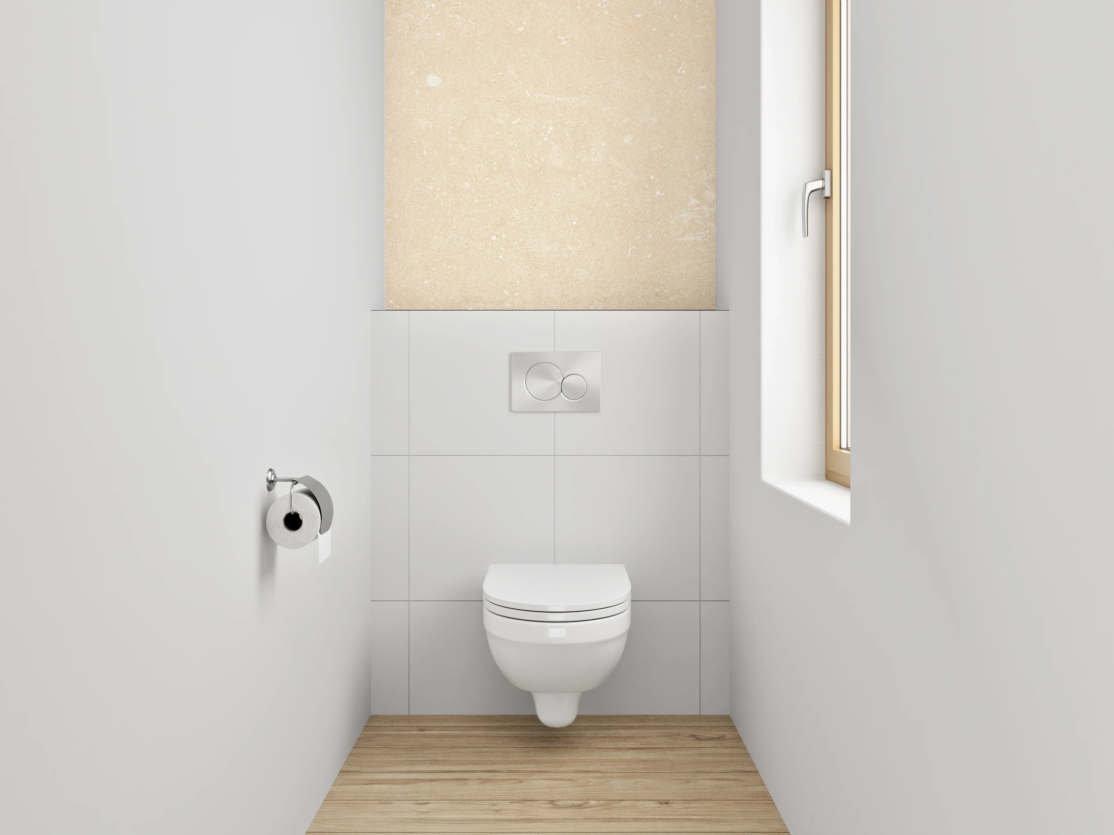 WC-Rückwand - Beigegrauene Papiertapete mit feiner Textur