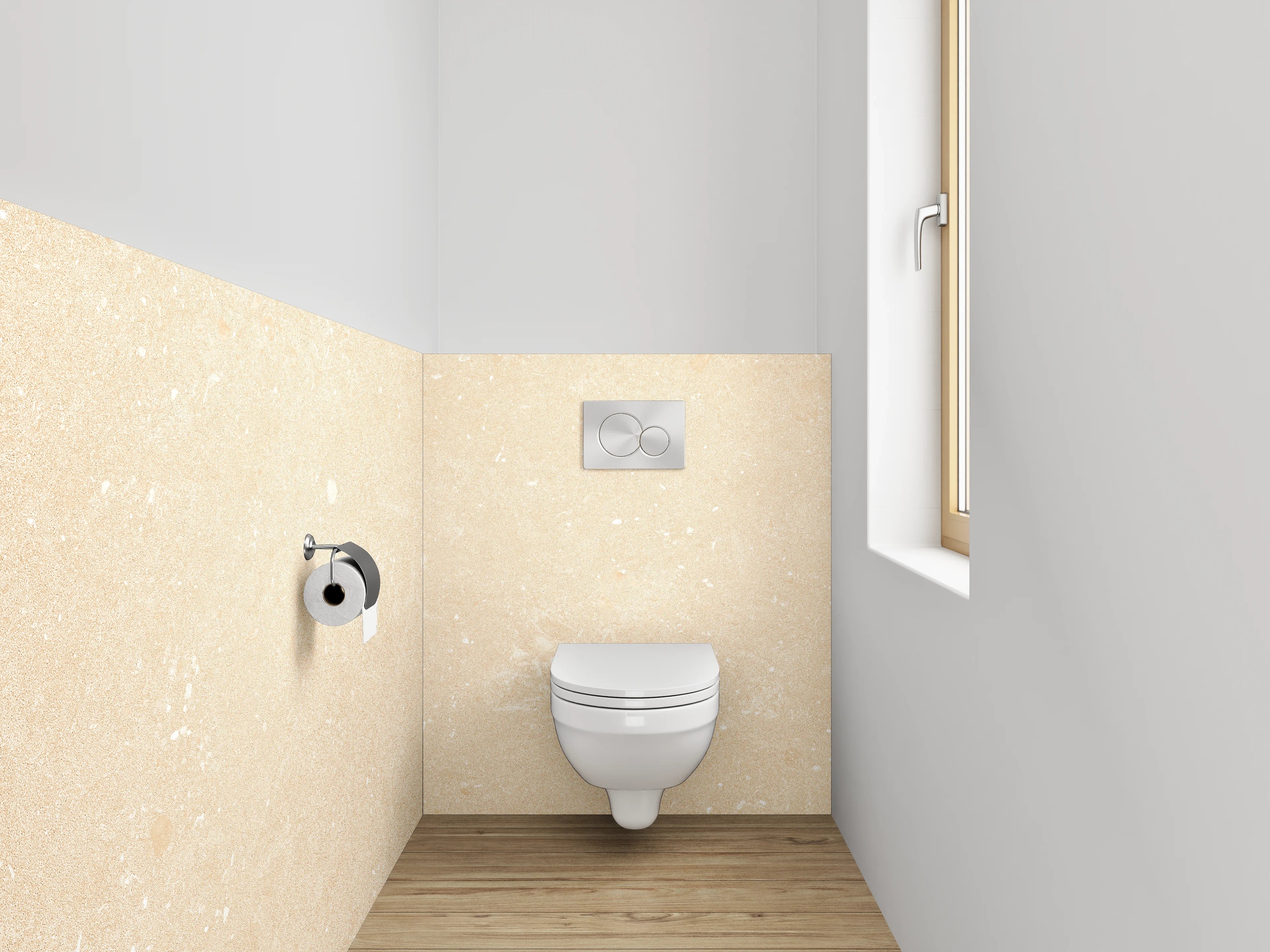 WC-Rückwand - Beigegrauene Papiertapete mit feiner Textur
