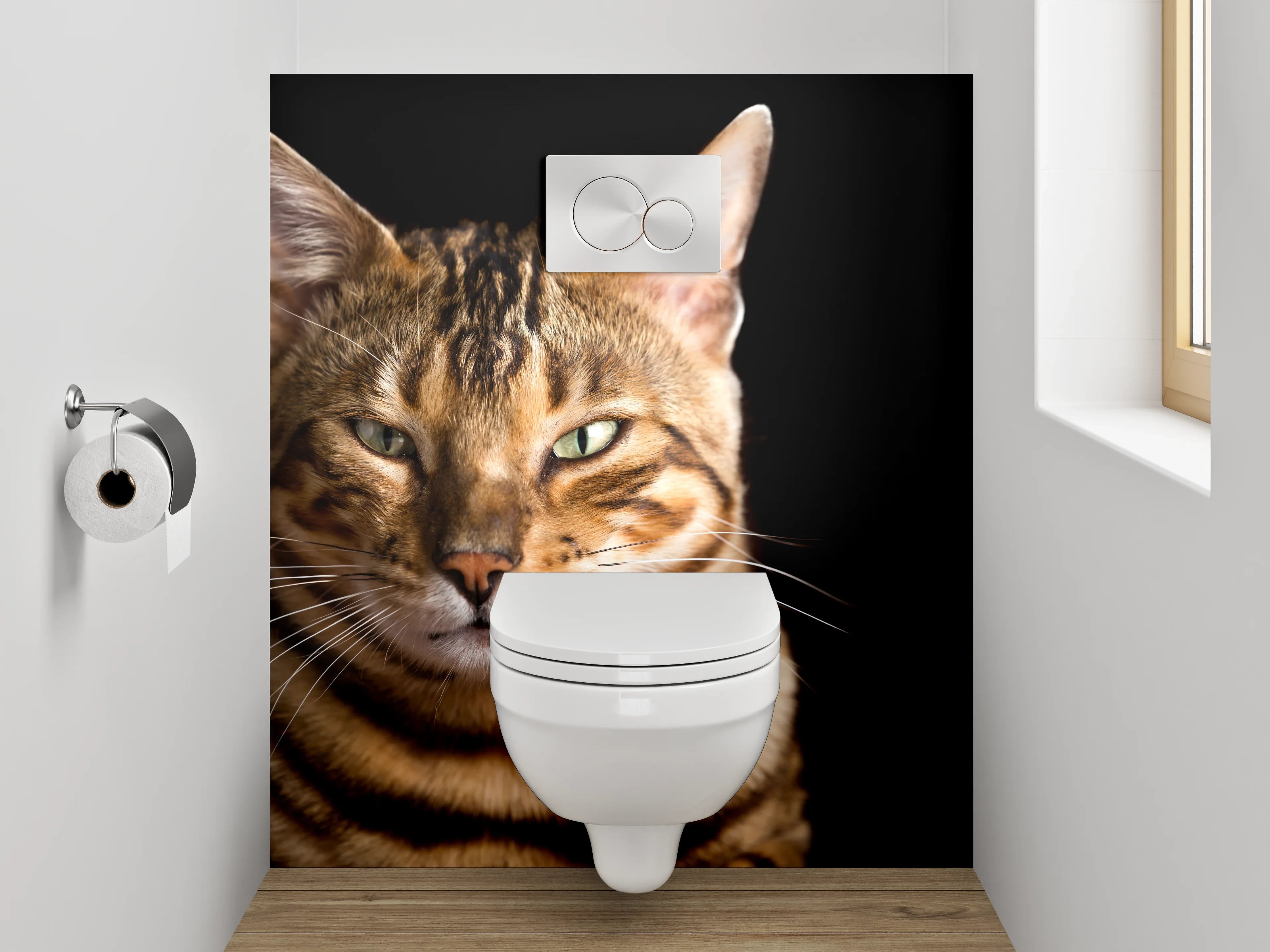 WC-Rückwand - Bengalkatze auf schwarzem Hintergrund