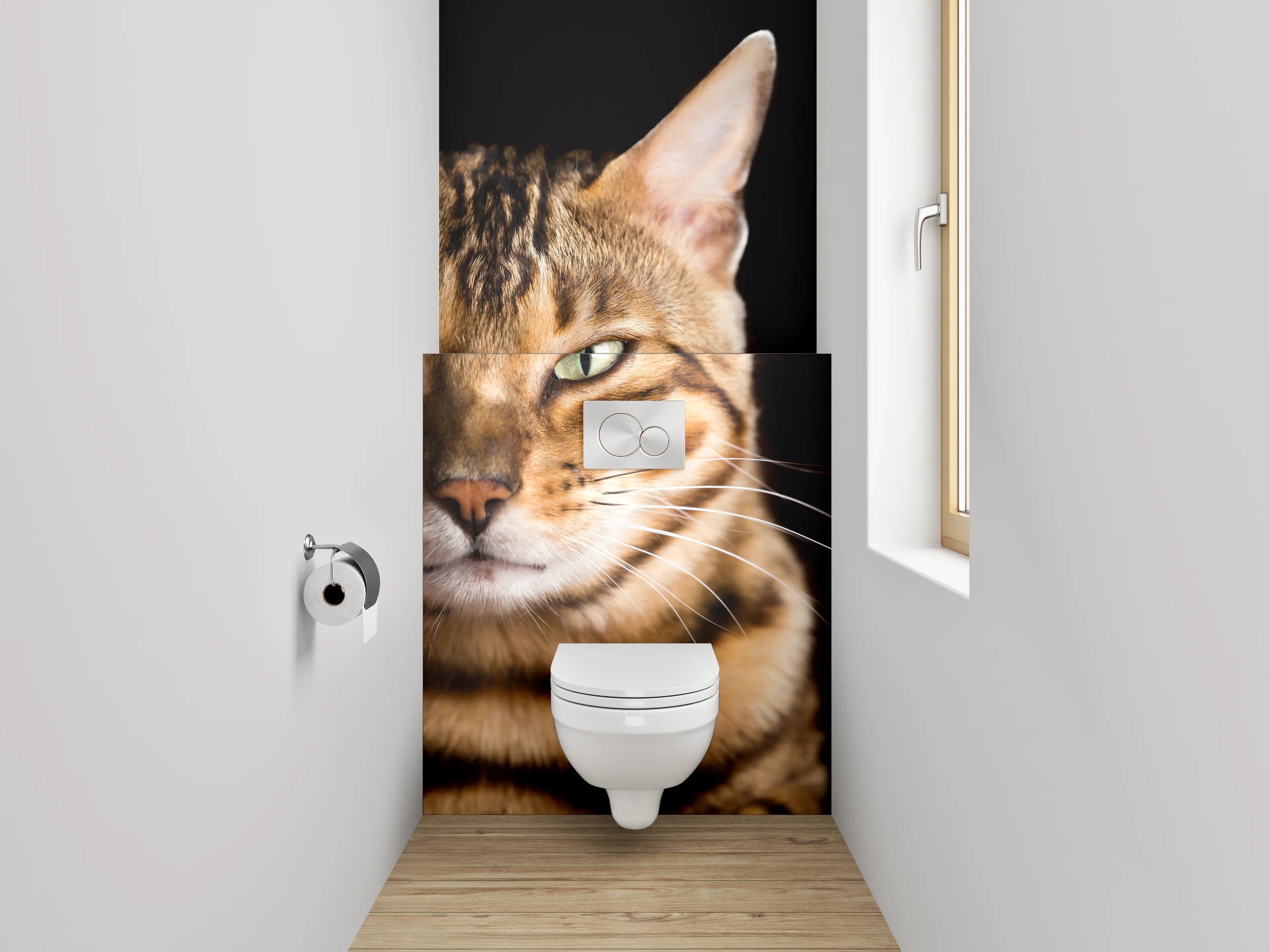 WC-Rückwand - Bengalkatze auf schwarzem Hintergrund