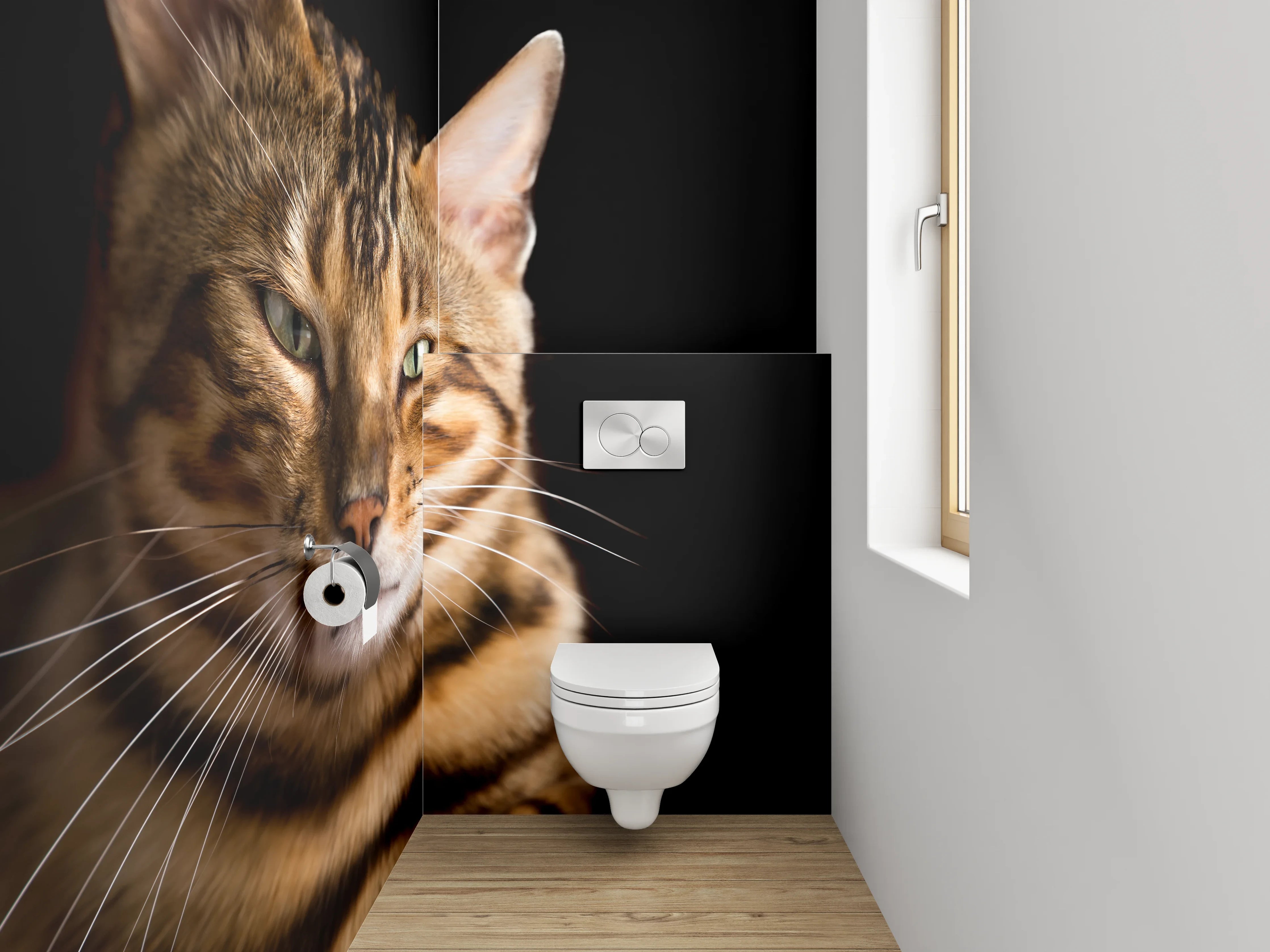 WC-Rückwand - Bengalkatze auf schwarzem Hintergrund