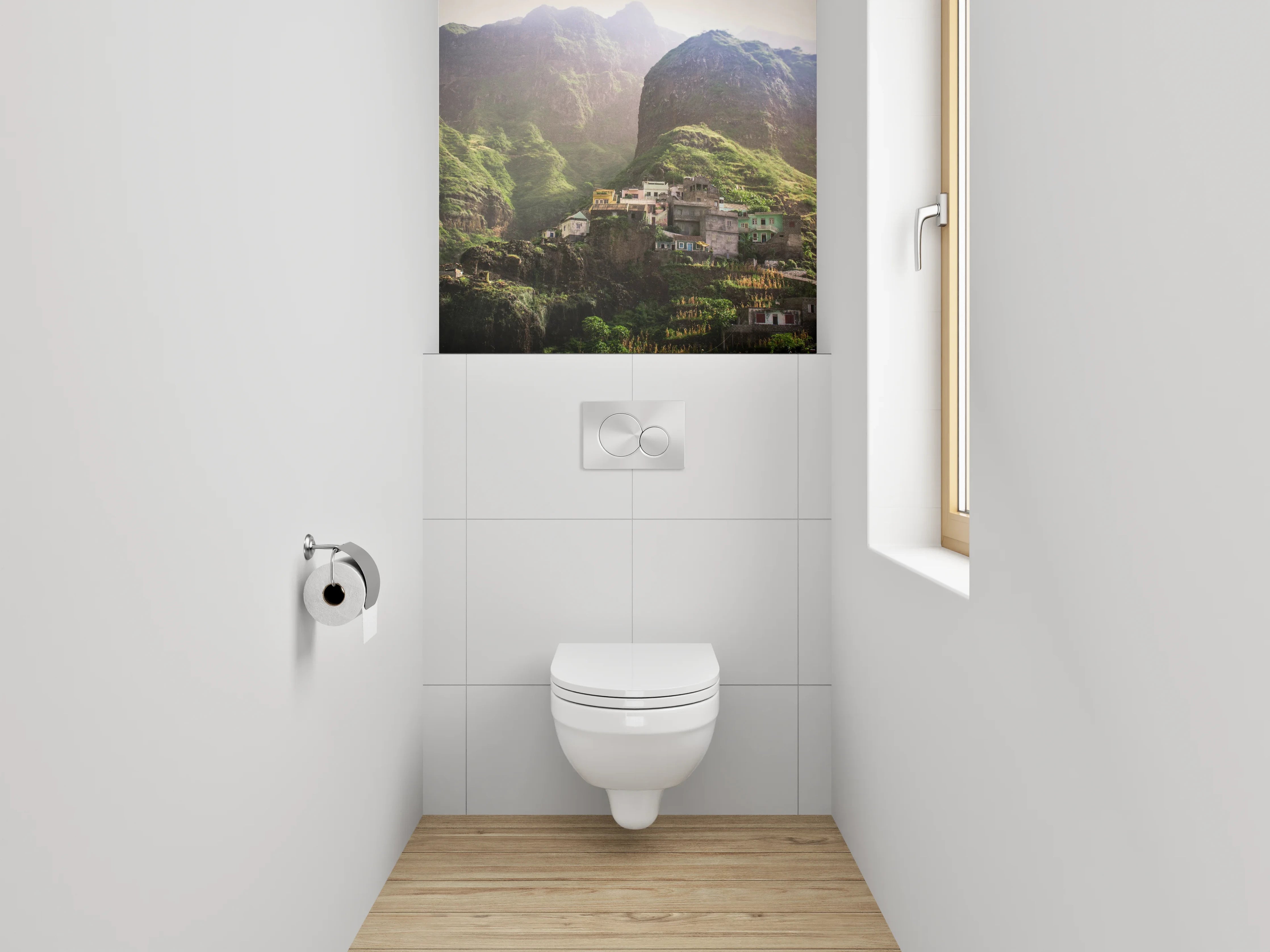 WC-Rückwand - Bergdorf-Oase in grüner Landschaft