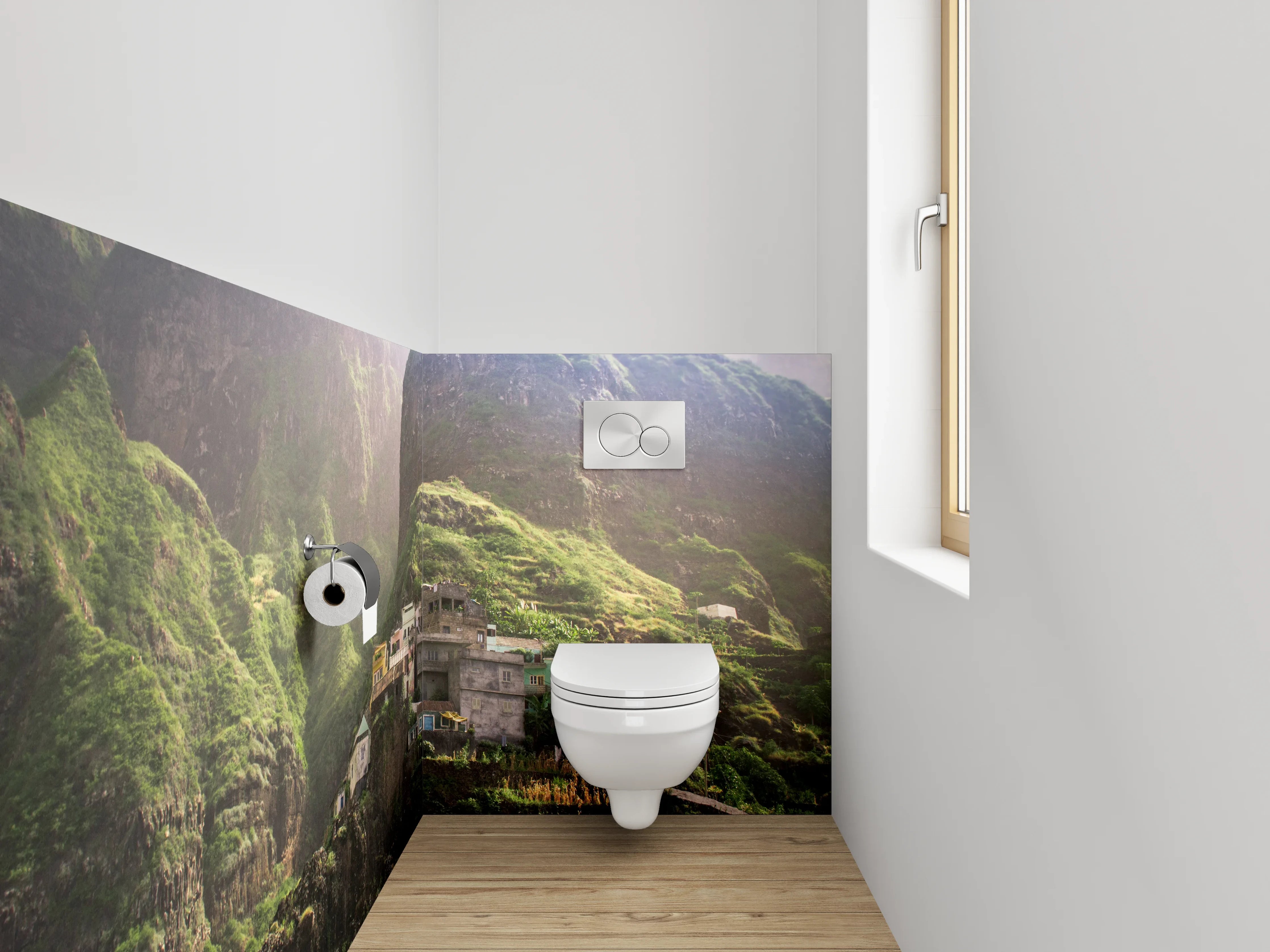 WC-Rückwand - Bergdorf-Oase in grüner Landschaft