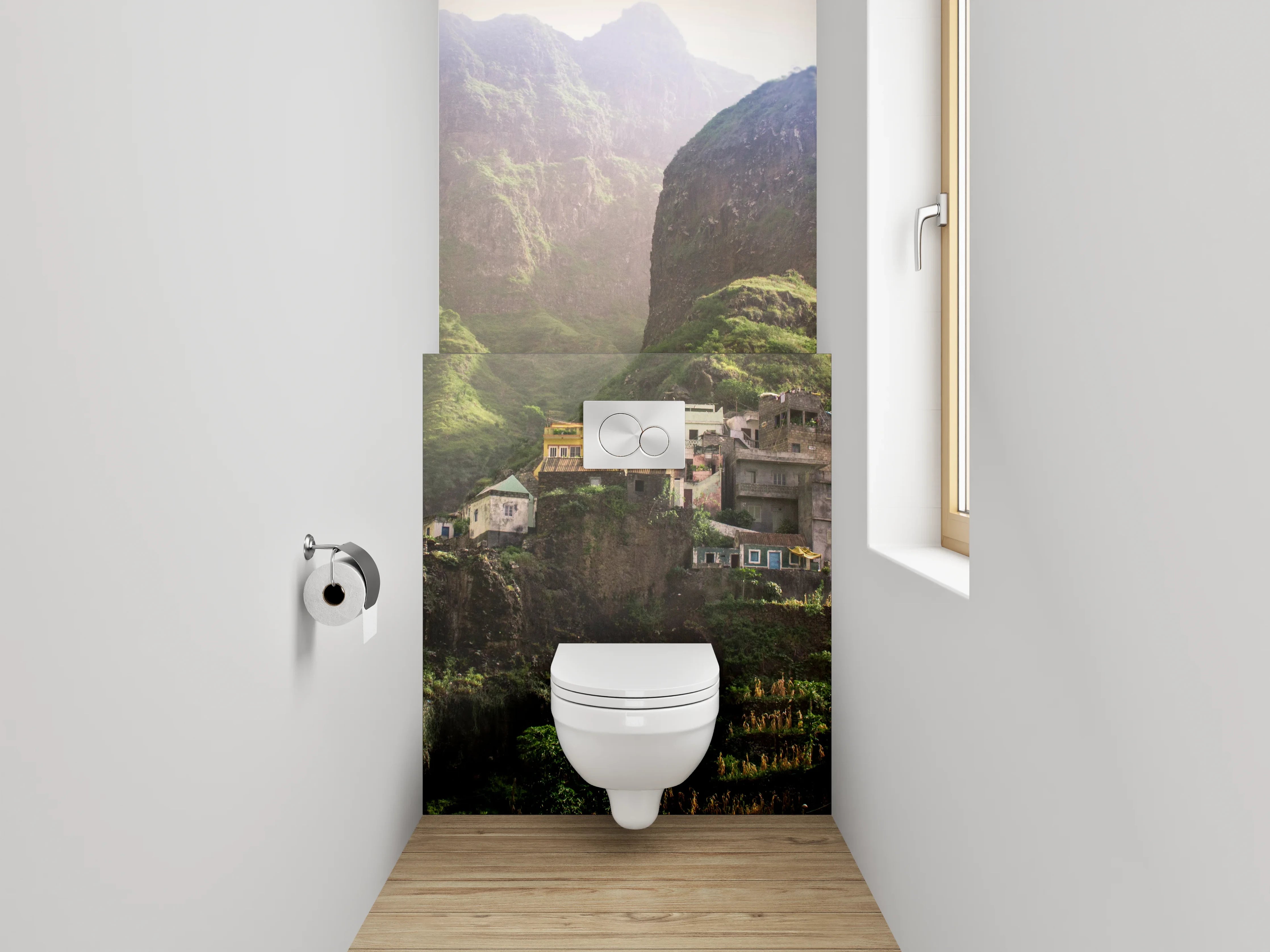 WC-Rückwand - Bergdorf-Oase in grüner Landschaft
