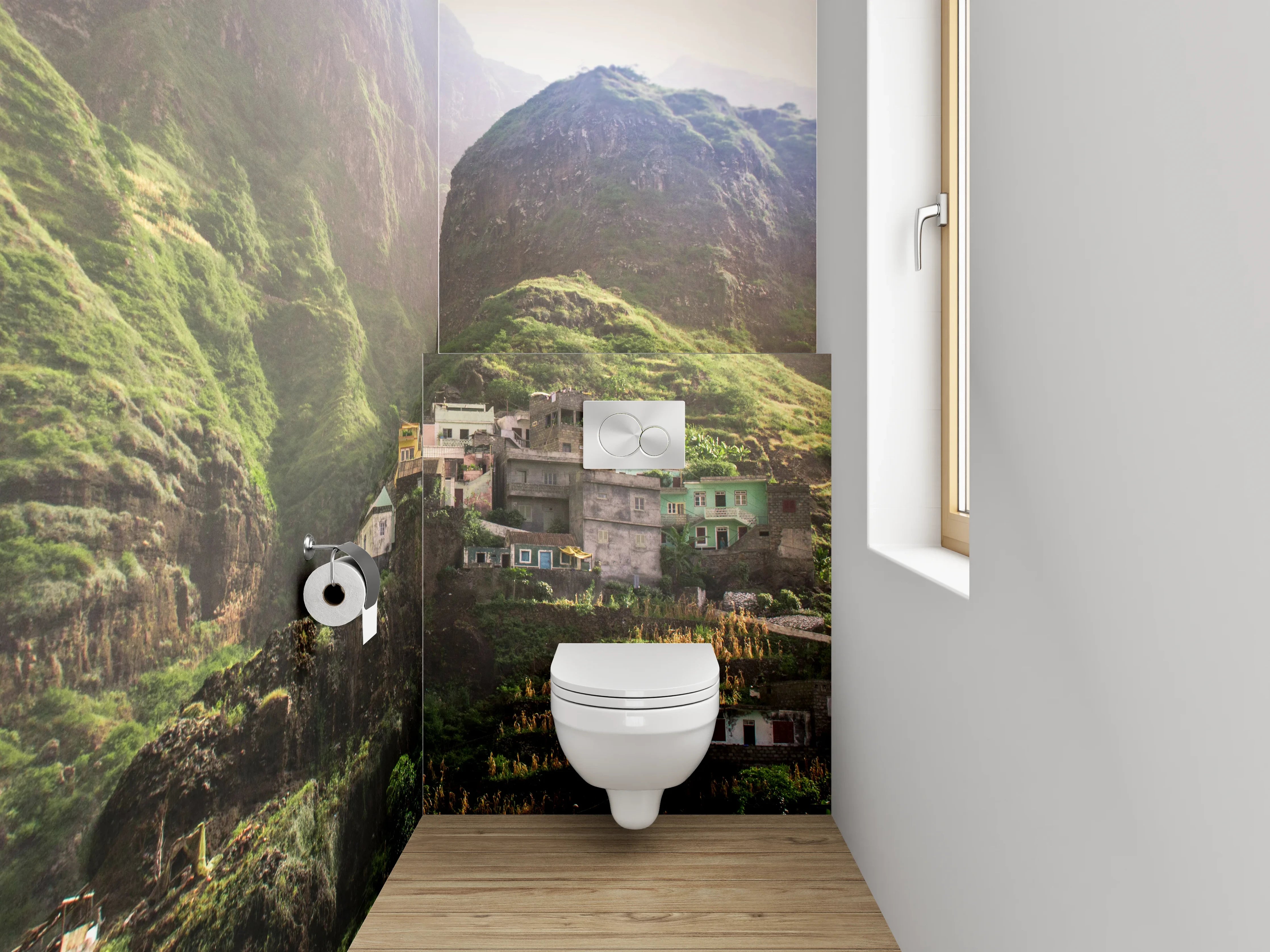WC-Rückwand - Bergdorf-Oase in grüner Landschaft