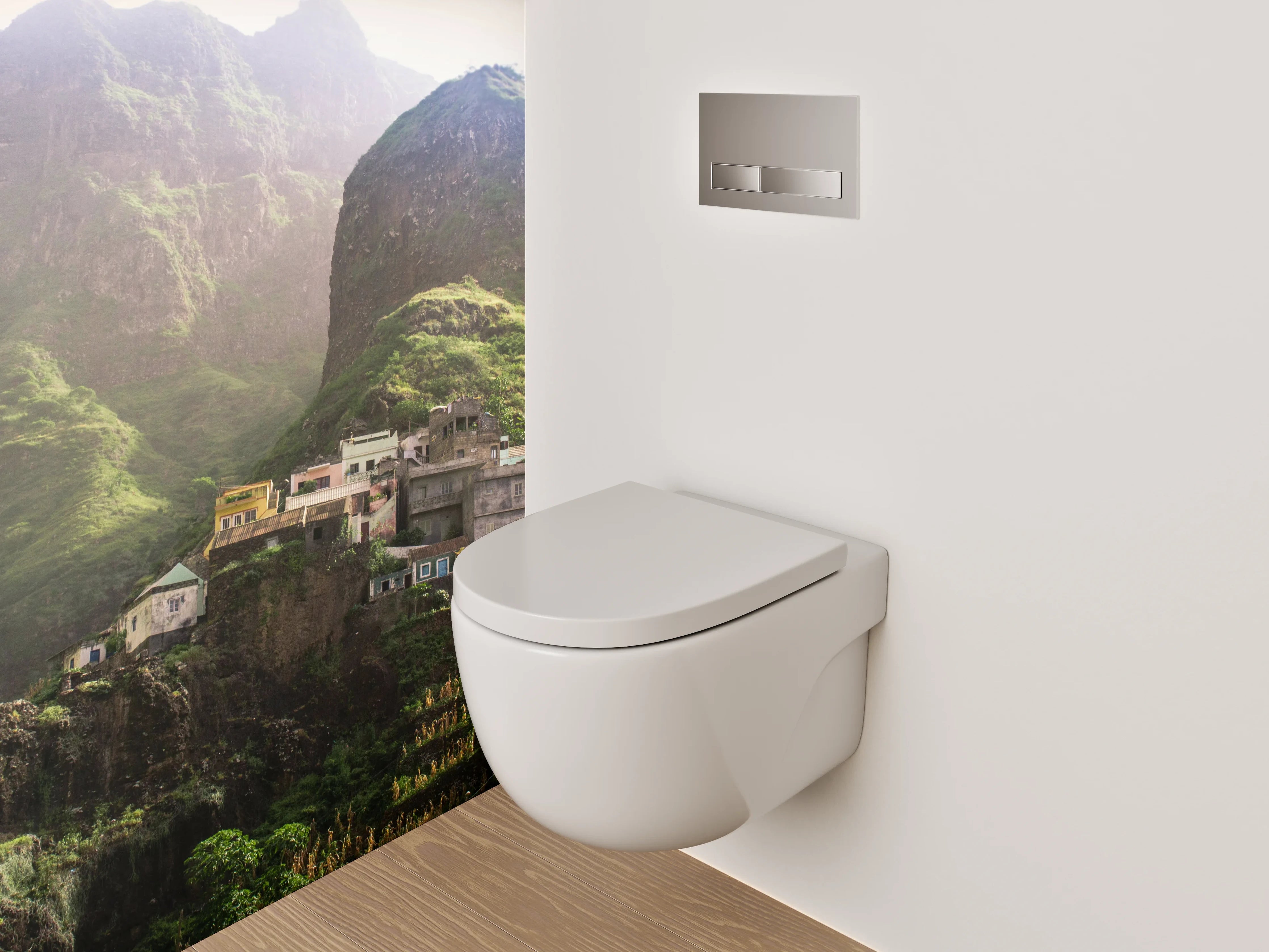WC-Rückwand - Bergdorf-Oase in grüner Landschaft