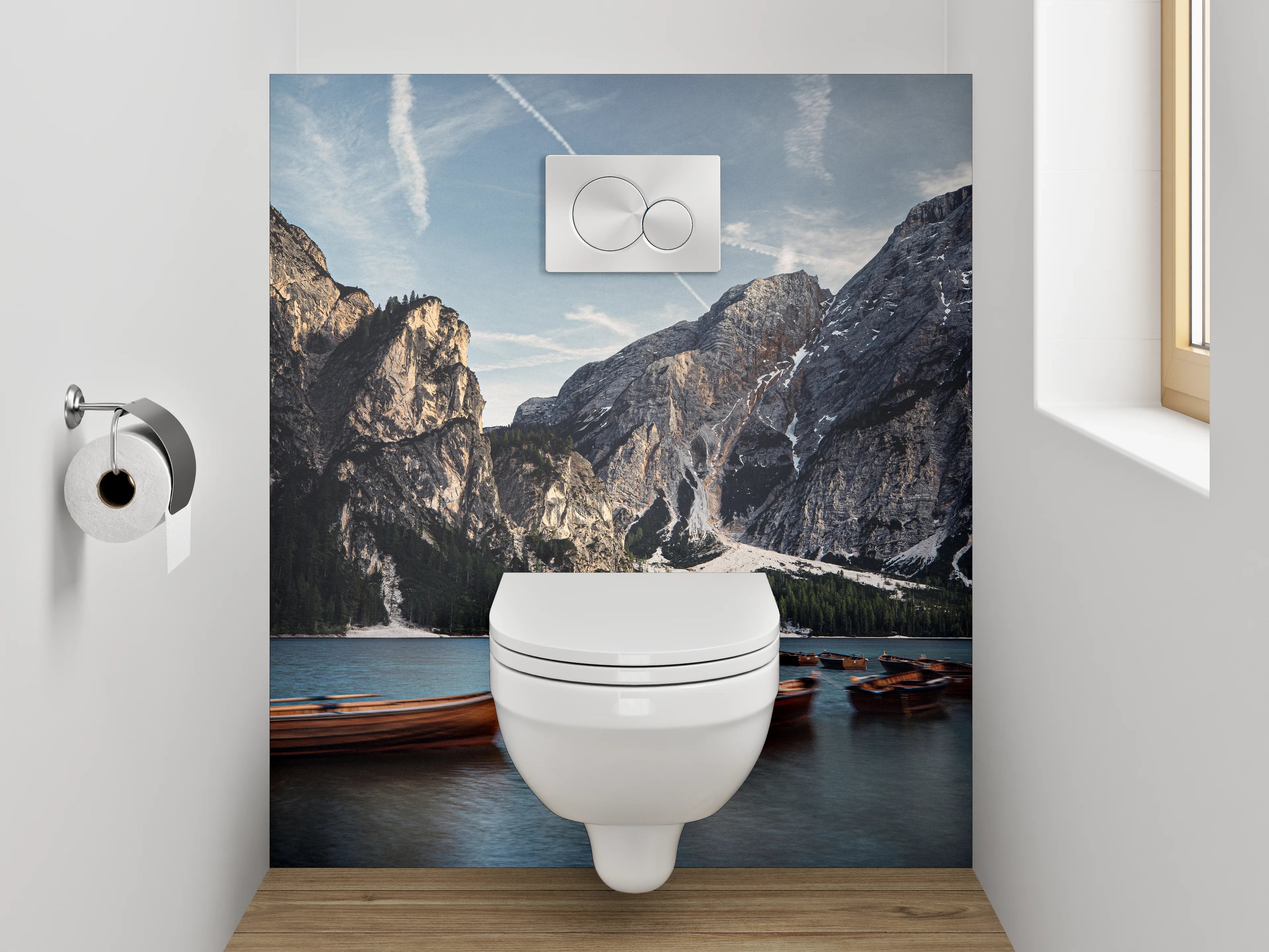 WC-Rückwand - Berghsee mit Ruderbooten Panorama