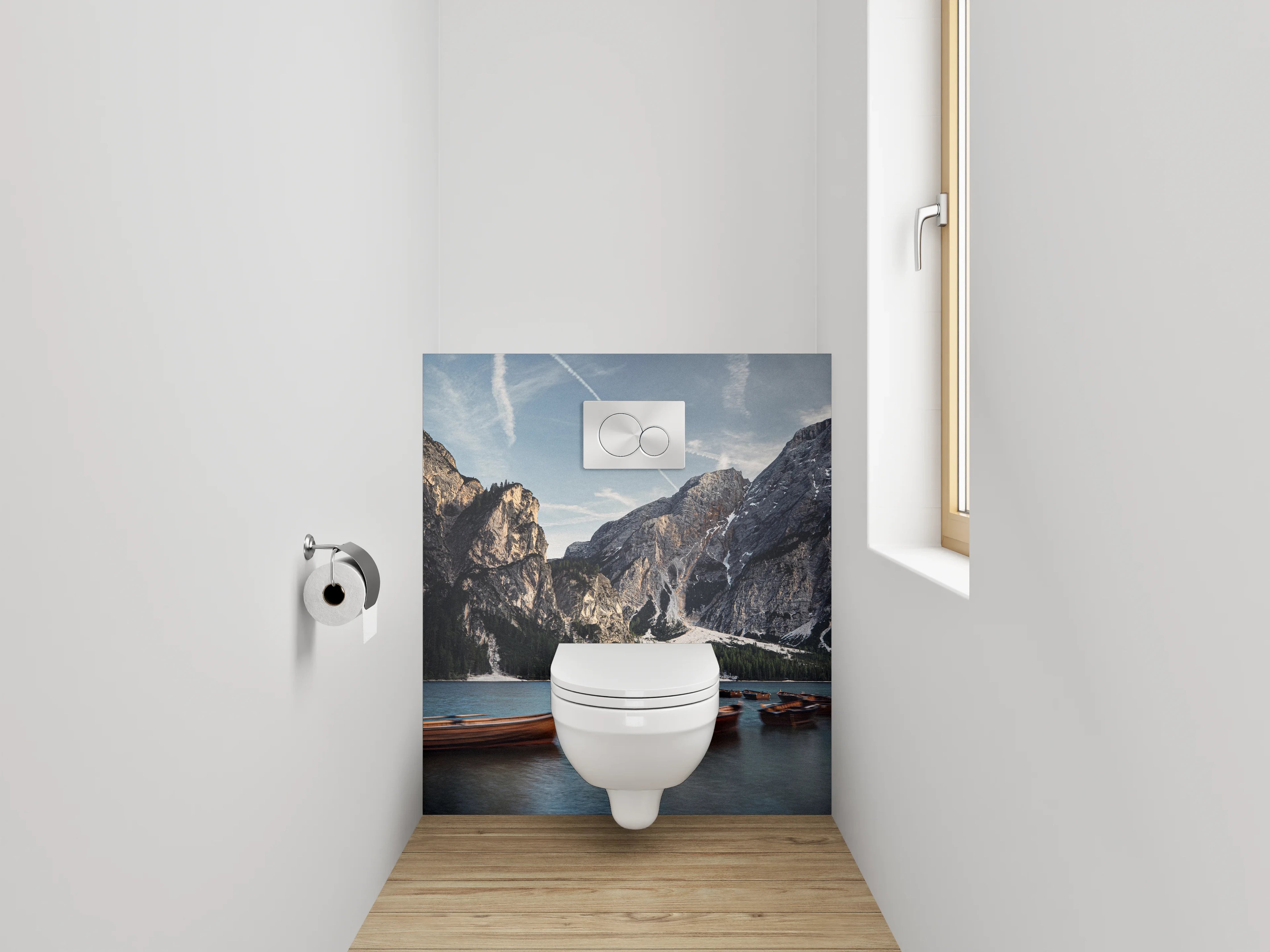 WC-Rückwand - Berghsee mit Ruderbooten Panorama