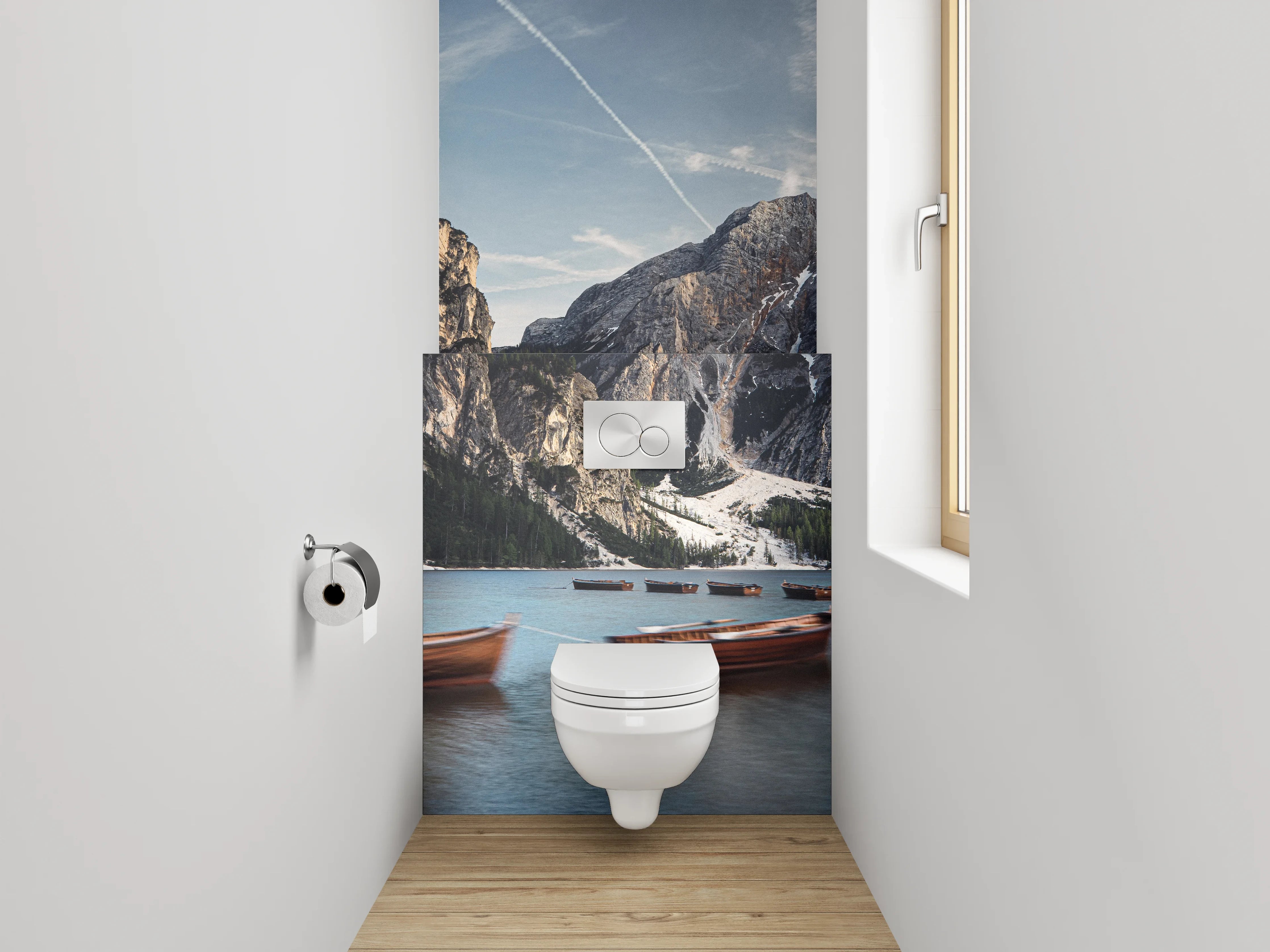 WC-Rückwand - Berghsee mit Ruderbooten Panorama