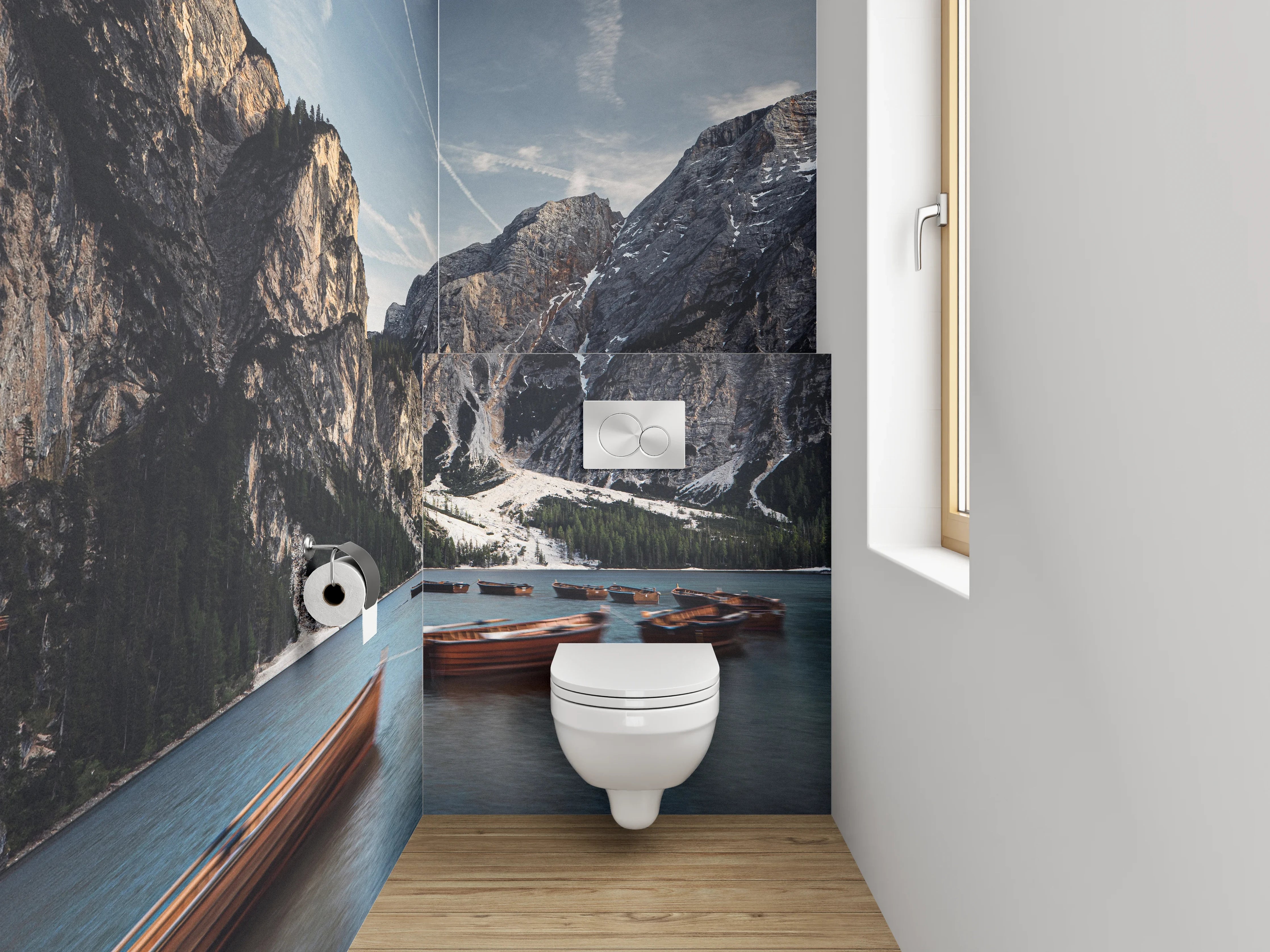 WC-Rückwand - Berghsee mit Ruderbooten Panorama