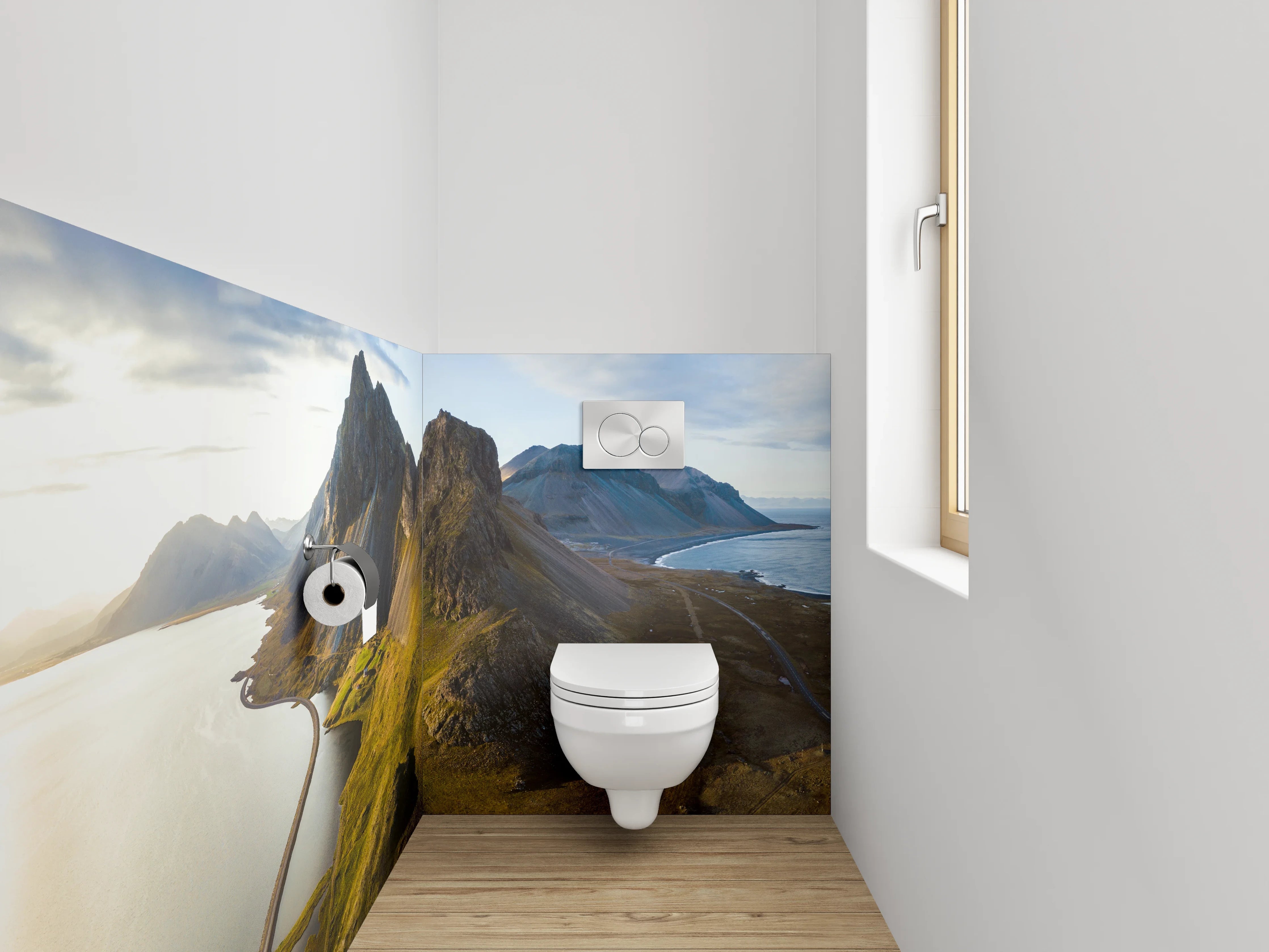 WC-Rückwand - Bergpanorama am Wasser – Island