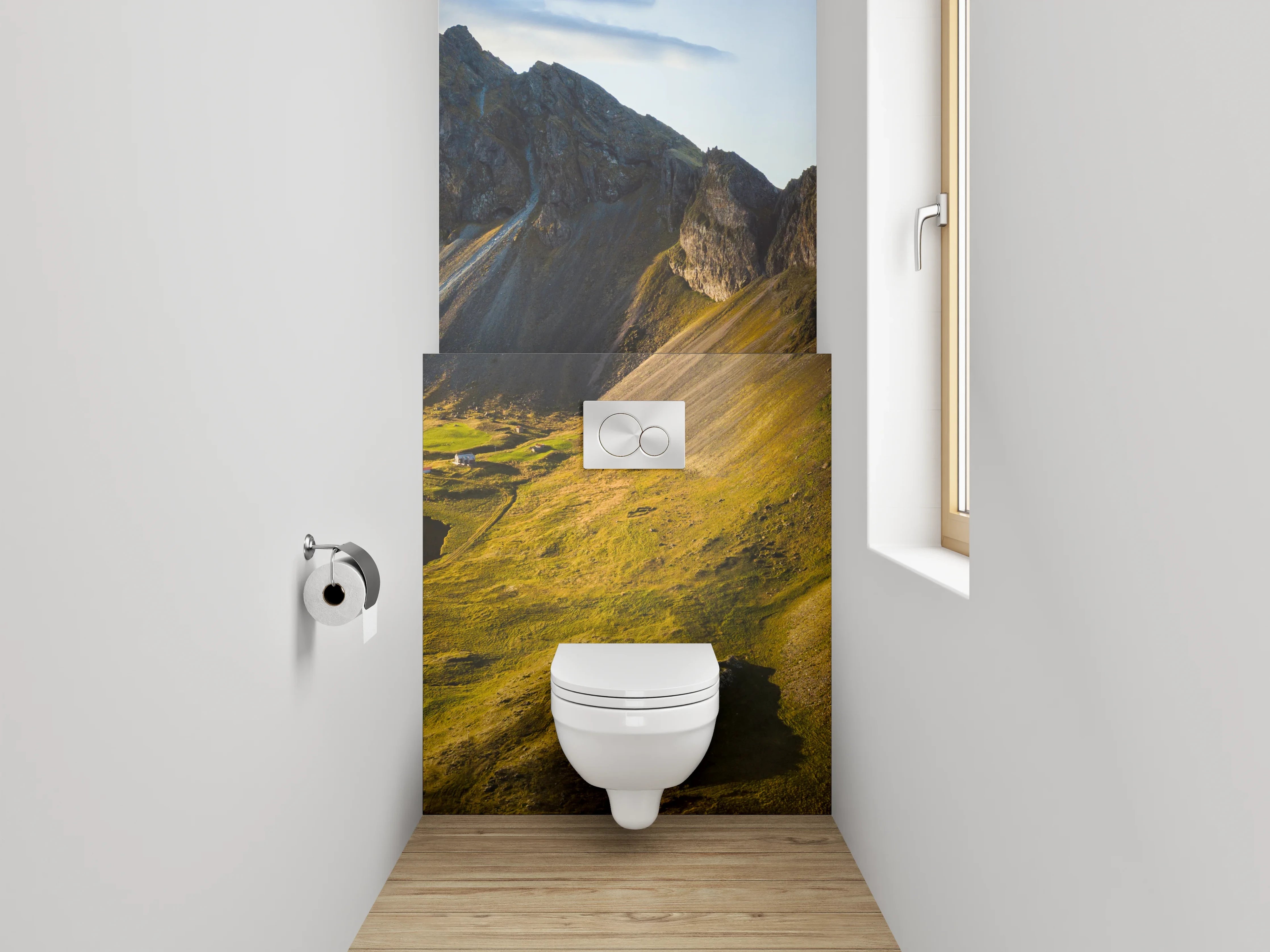 WC-Rückwand - Bergpanorama am Wasser – Island