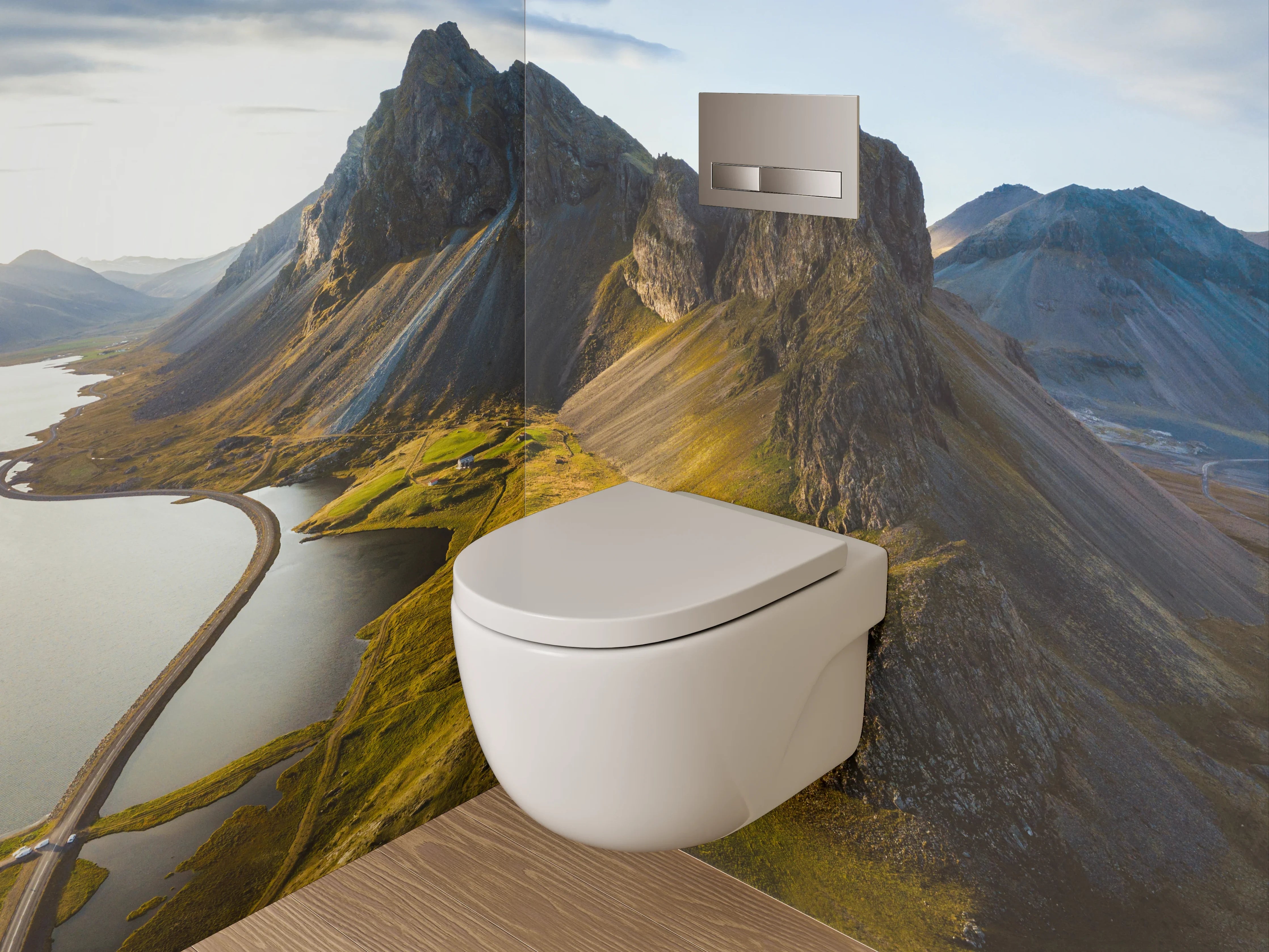 WC-Rückwand - Bergpanorama am Wasser – Island