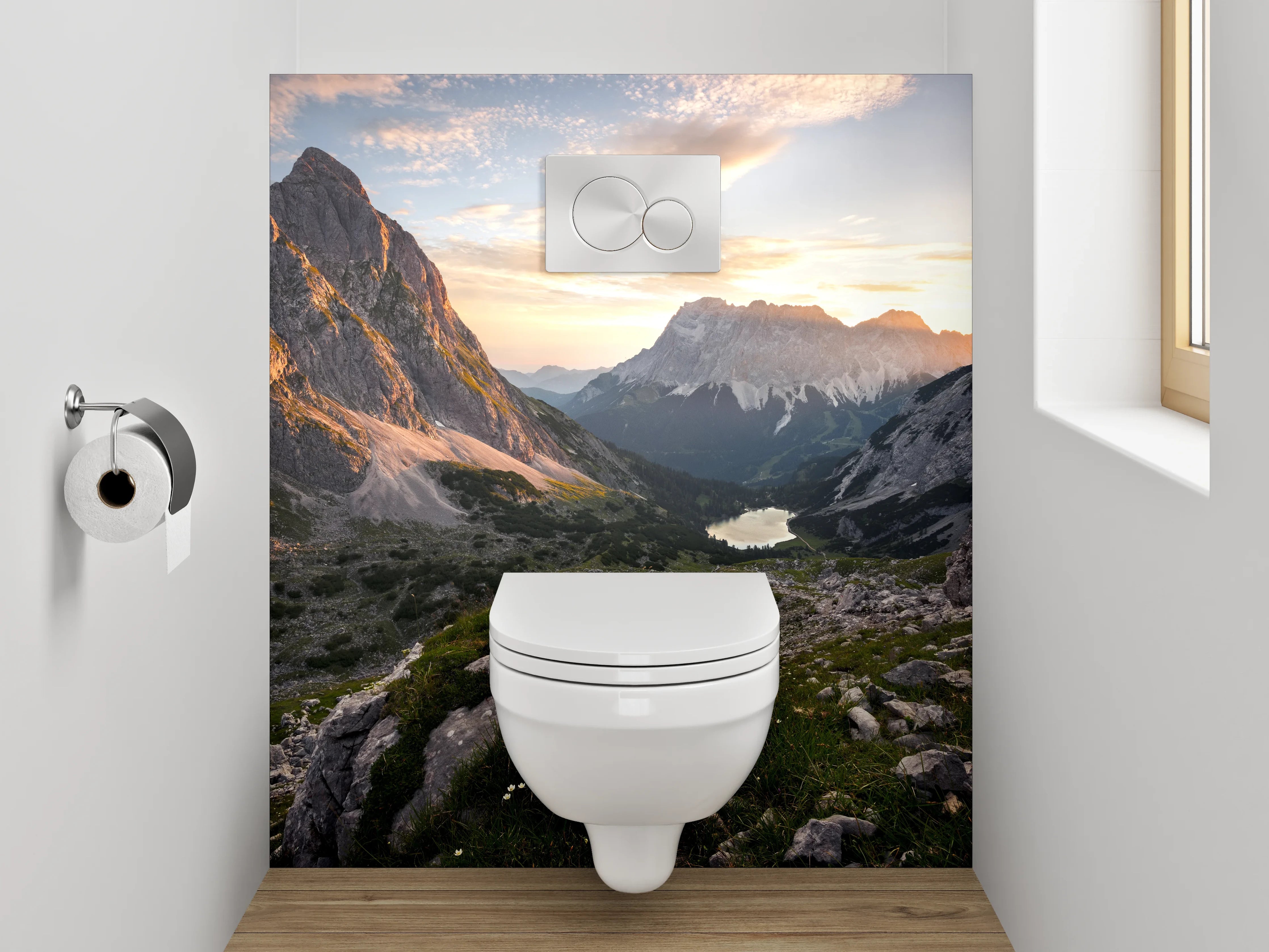 WC-Rückwand - Bergpanorama mit See bei Sonnenuntergang